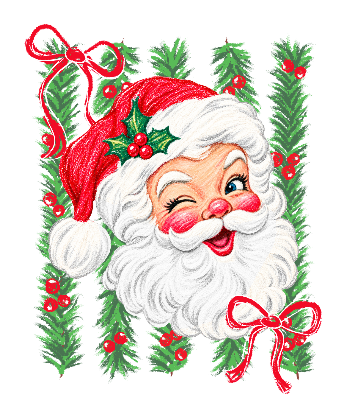 Vintage Winking Santa Holly Stripes DTF transfer