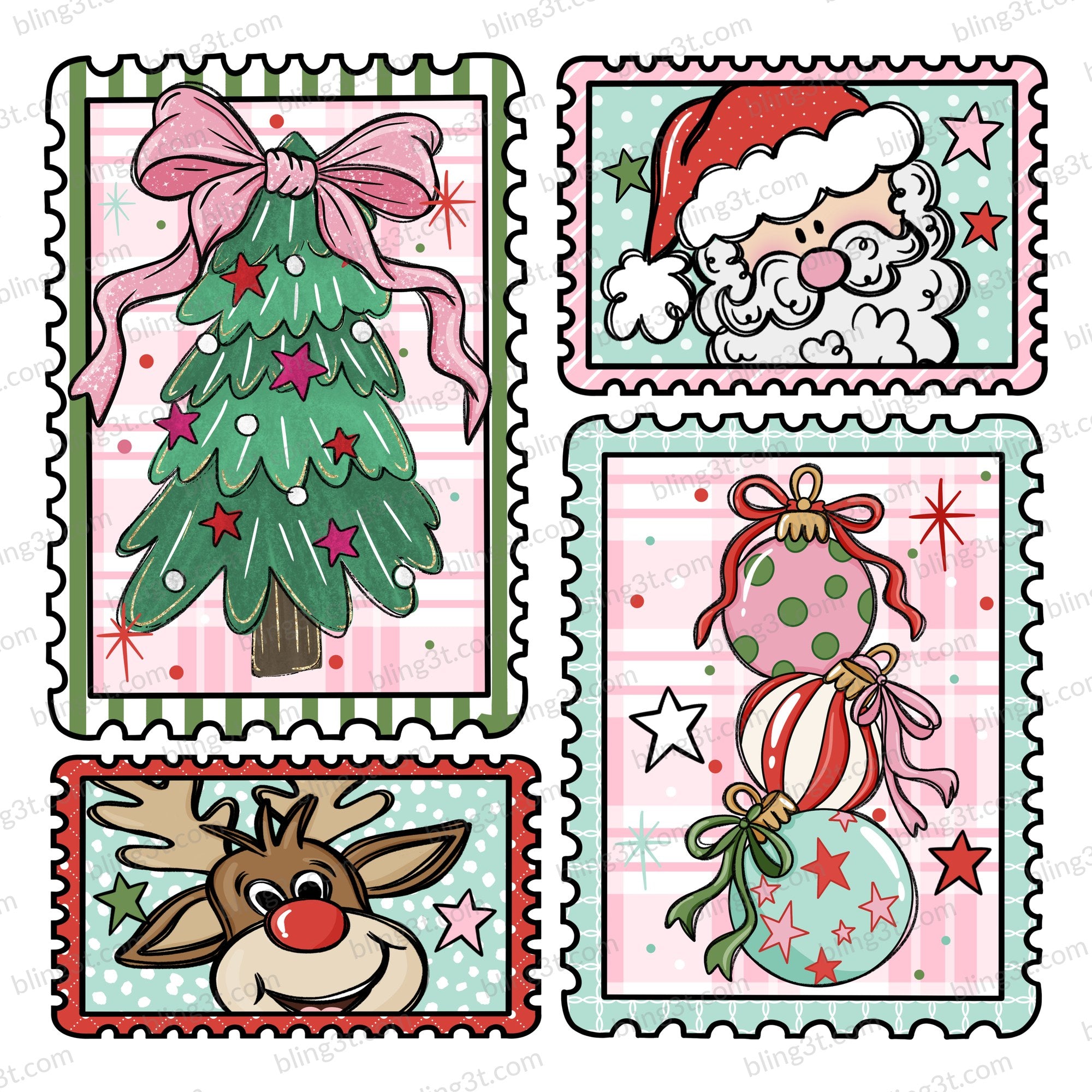Christmas Postage Stamps Pink Santa Rudolph Tree