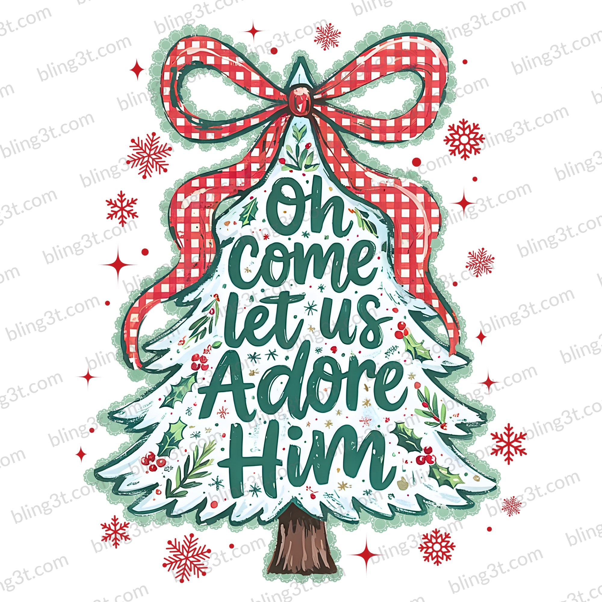 Oh Come Let Us Adore Him Gingham Bow Tree Red Snowflakes