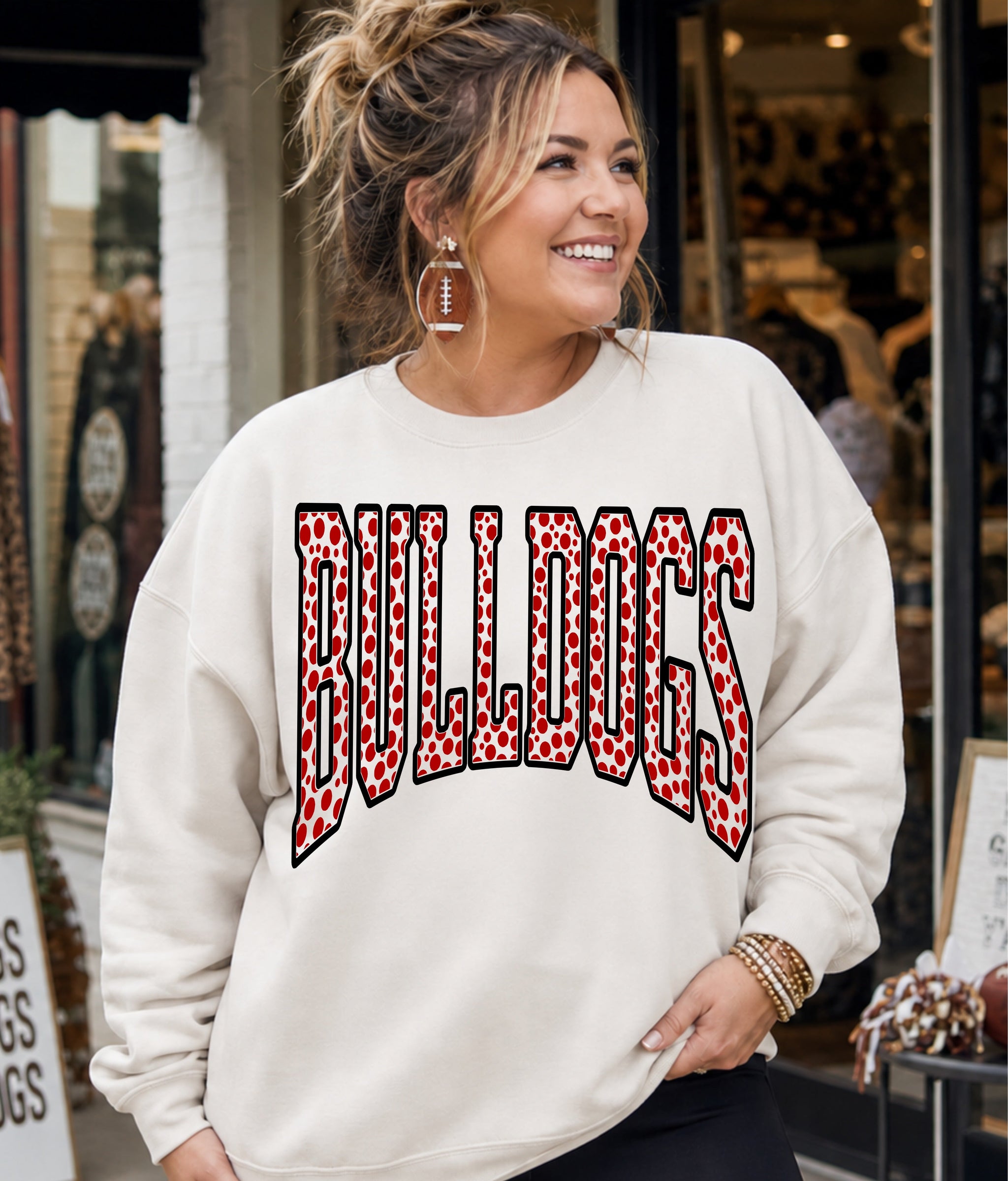 Personalized Polka Dot Varsity Arch Team Name on a sweatshirt
