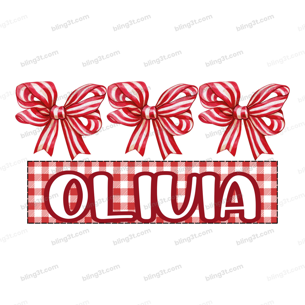 Personalized Kids Name Candy Cane Bows Gingham Name Plate – Christmas DTF Transfer - Bling3t
