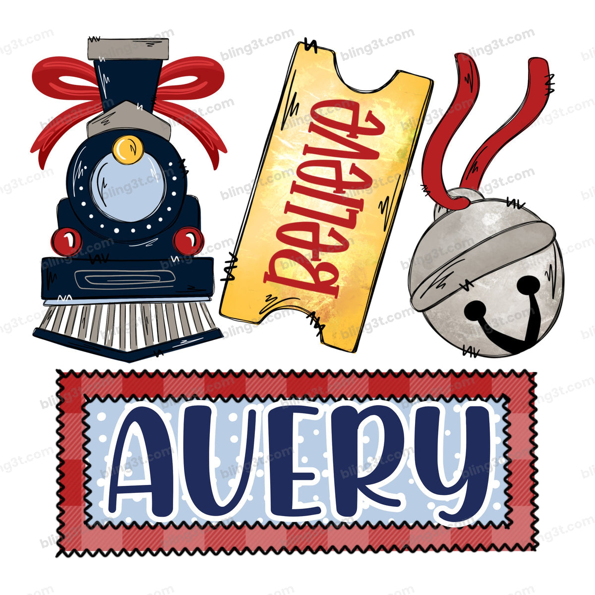 Personalized Kids Name Christmas Train Believe Ticket and Bell Name Patch – Christmas DTF Transfer - Bling3t