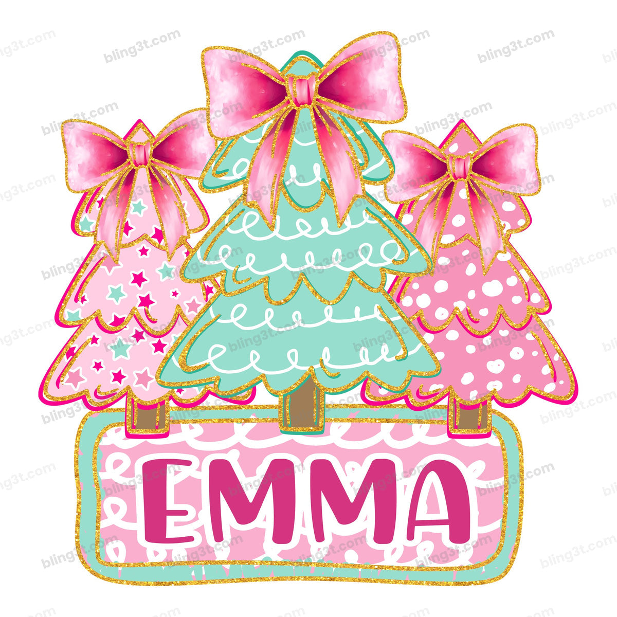 Personalized Kids Name Coquette Pink Christmas Trees Name Plate – Christmas DTF Transfer - Bling3t