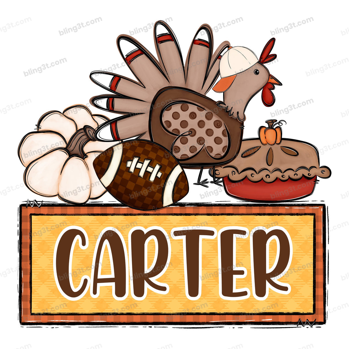 Personalized Kids Name Football Turkey Pumpkin Pie Name Plate – Thanksgiving DTF Transfer - Bling3t