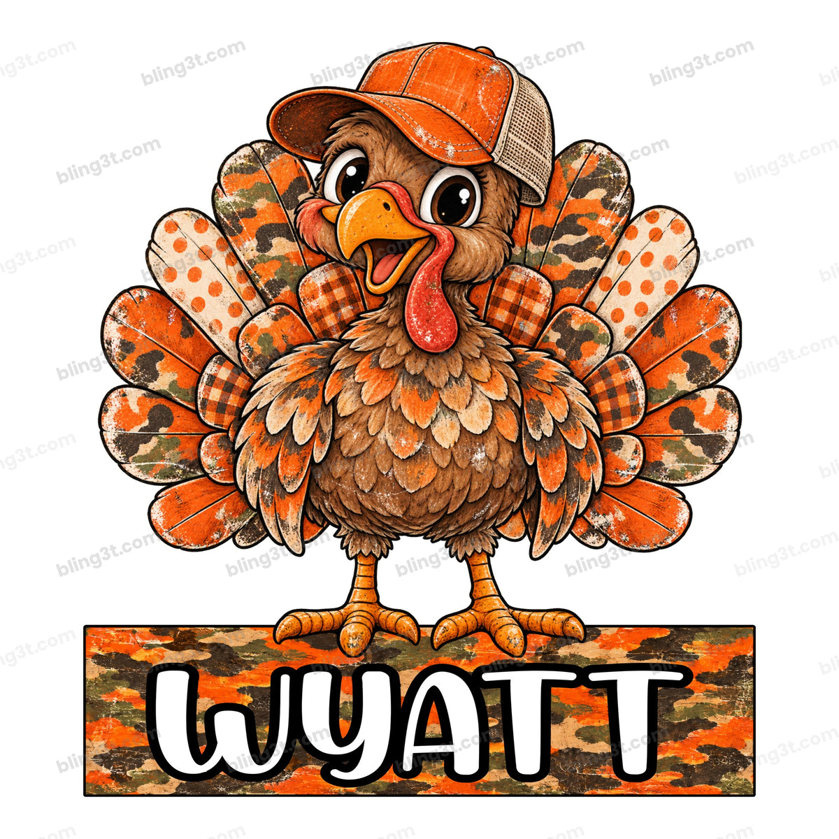 Personalized Kids Name Camo Turkey Name Plate – Thanksgiving DTF Transfer - Bling3t