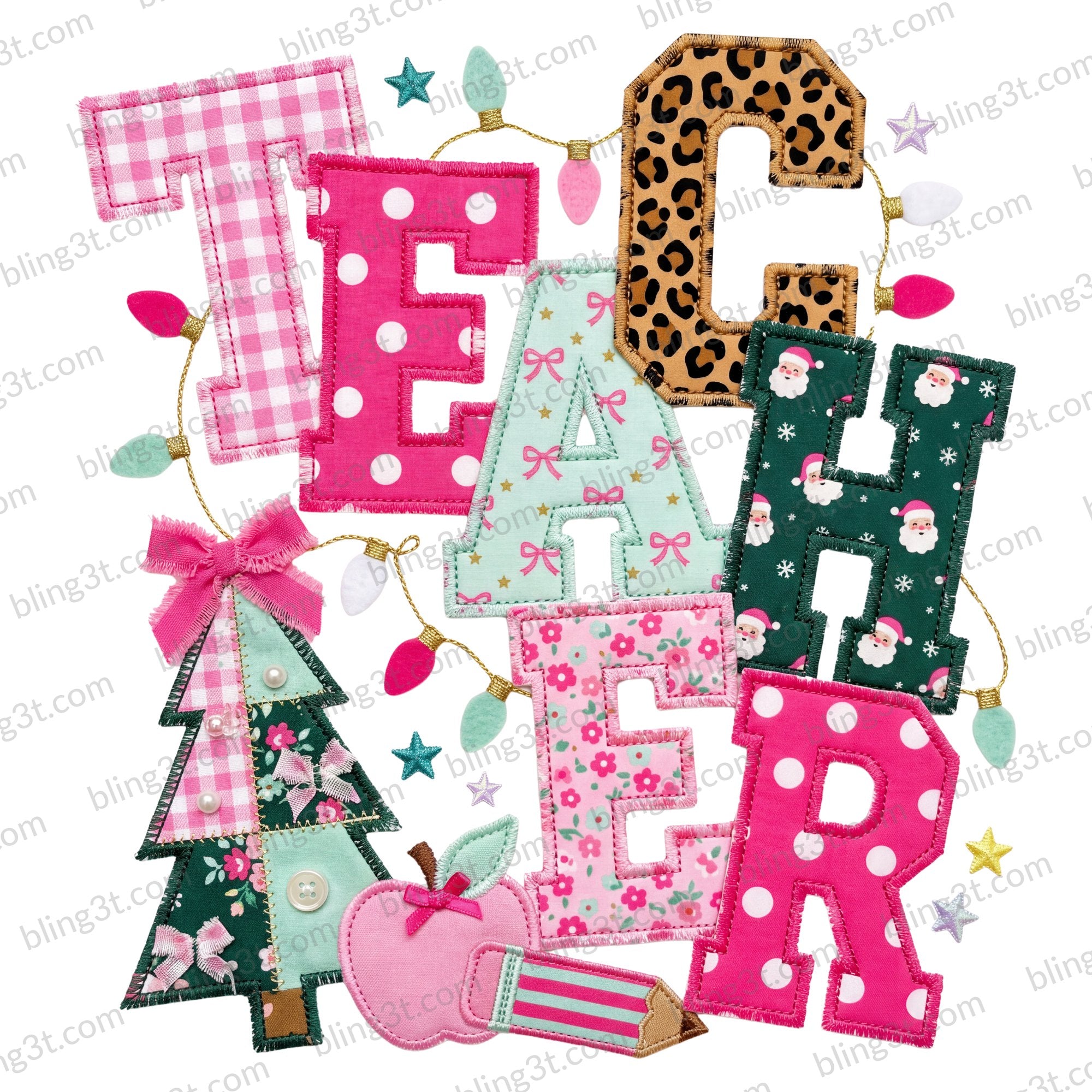 Teacher Christmas Coquette Patchwork Letters