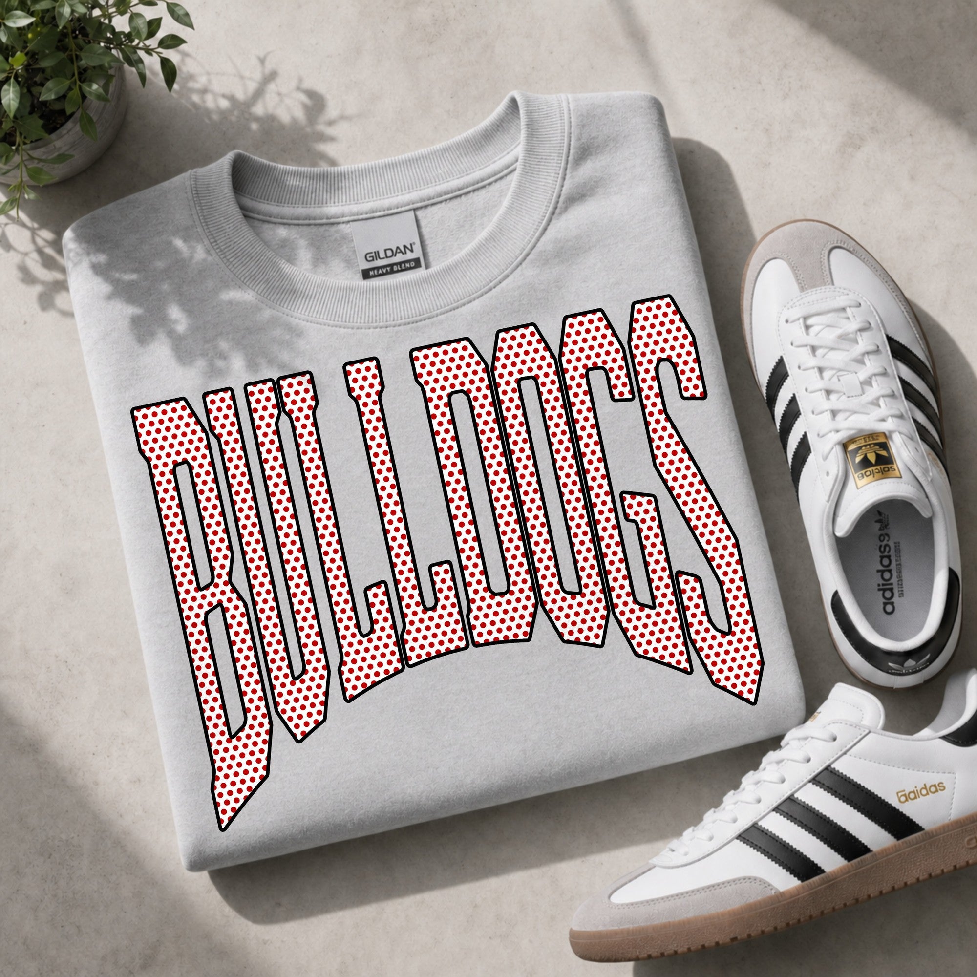 Personalized Mini Polka Dot Varsity Arch Team Name on a gray crewneck