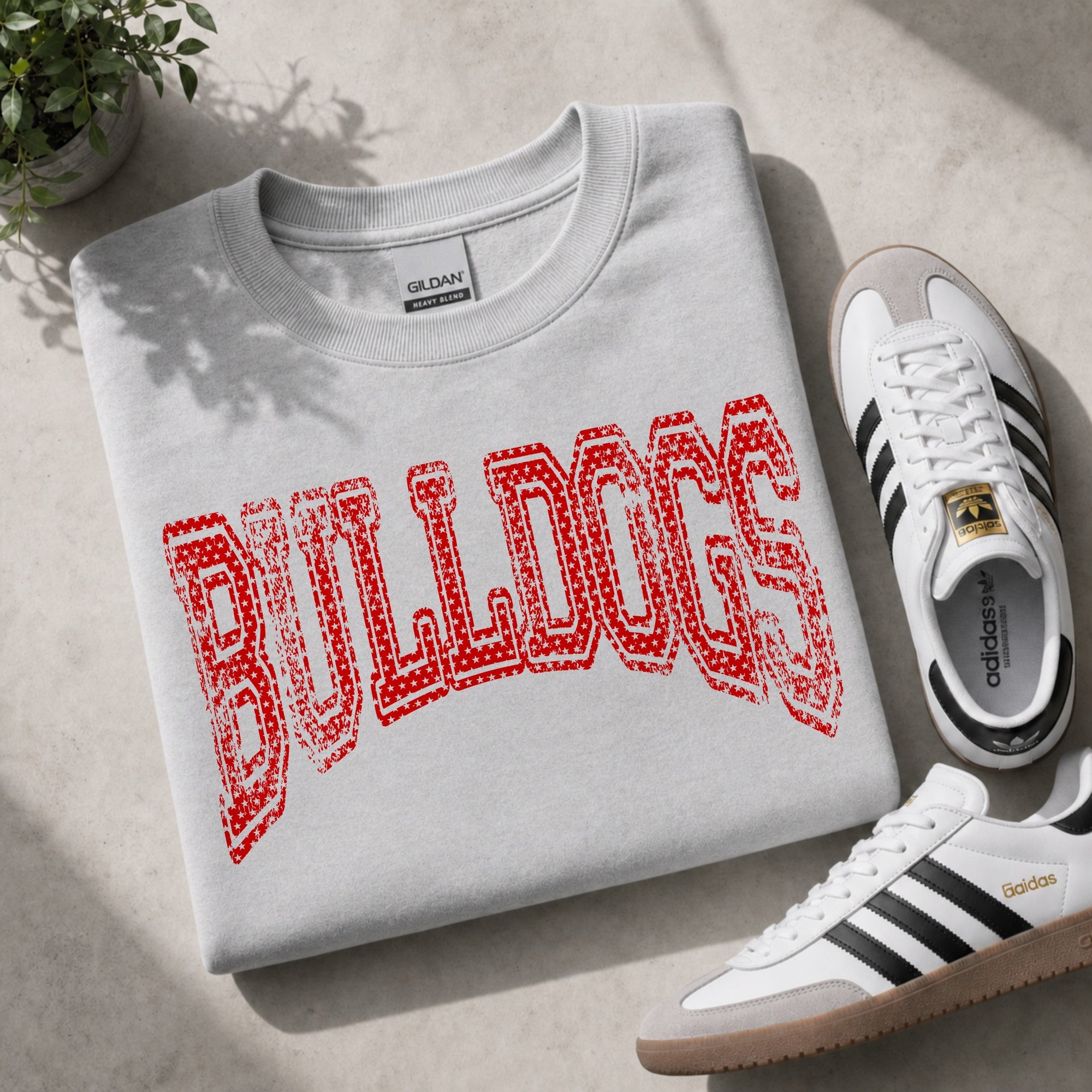 Distressed Star Cutout Varsity Team Name - arched - on a gray crewneck