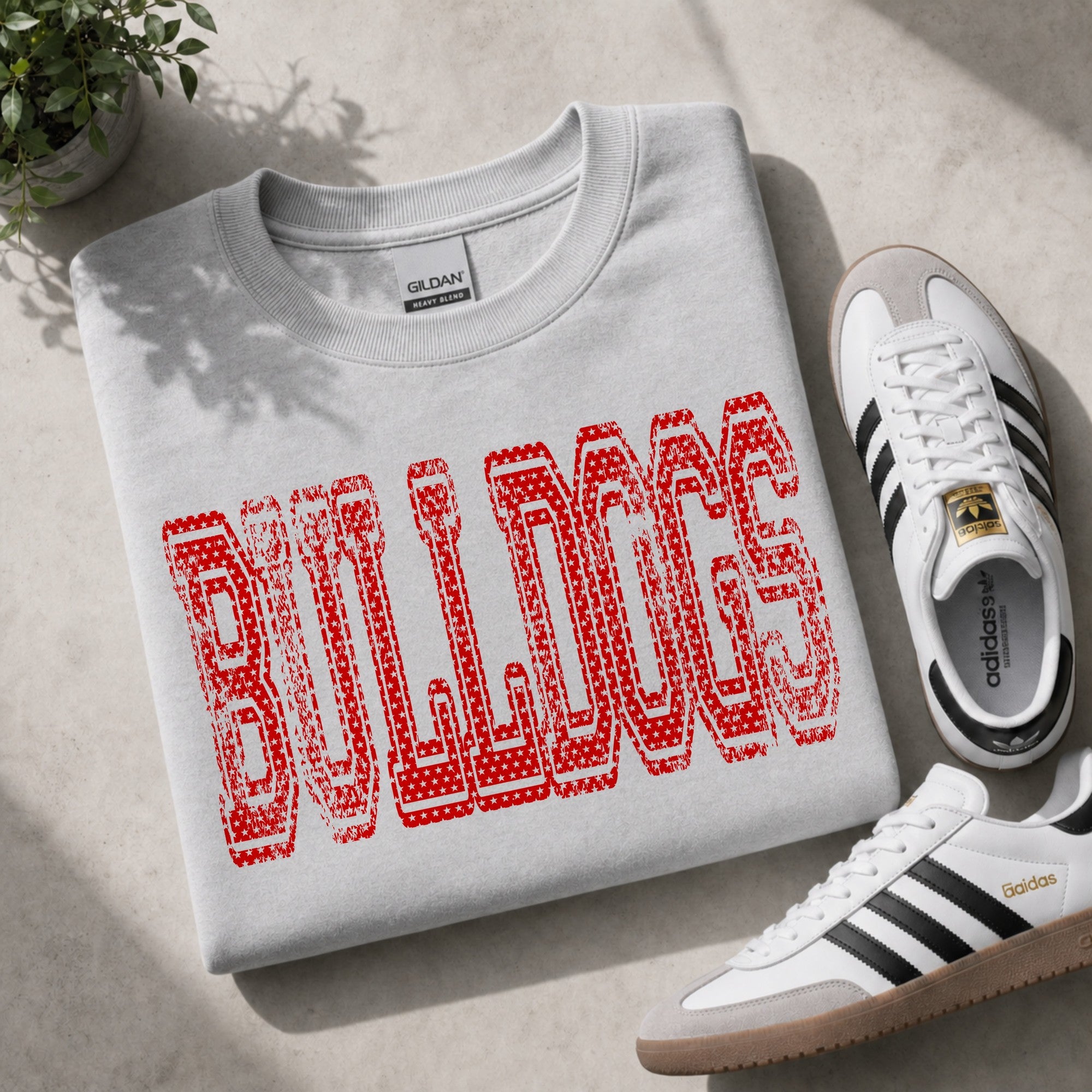 Distressed Star Cutout Varsity Team Name - straight - on a gray crewneck