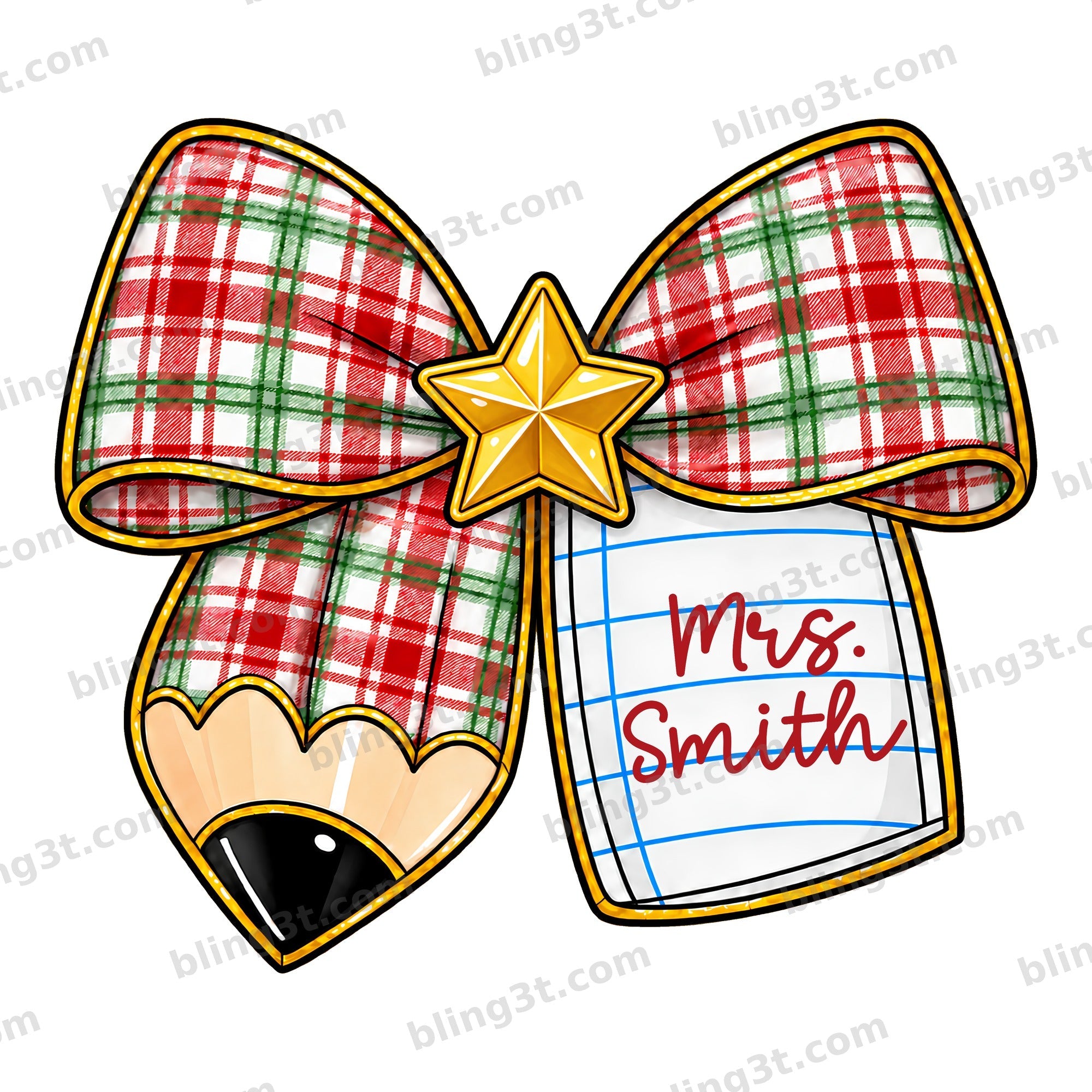 Personalized Christmas Teacher Plaid Bow and Pencil Name - Mrs. Smith