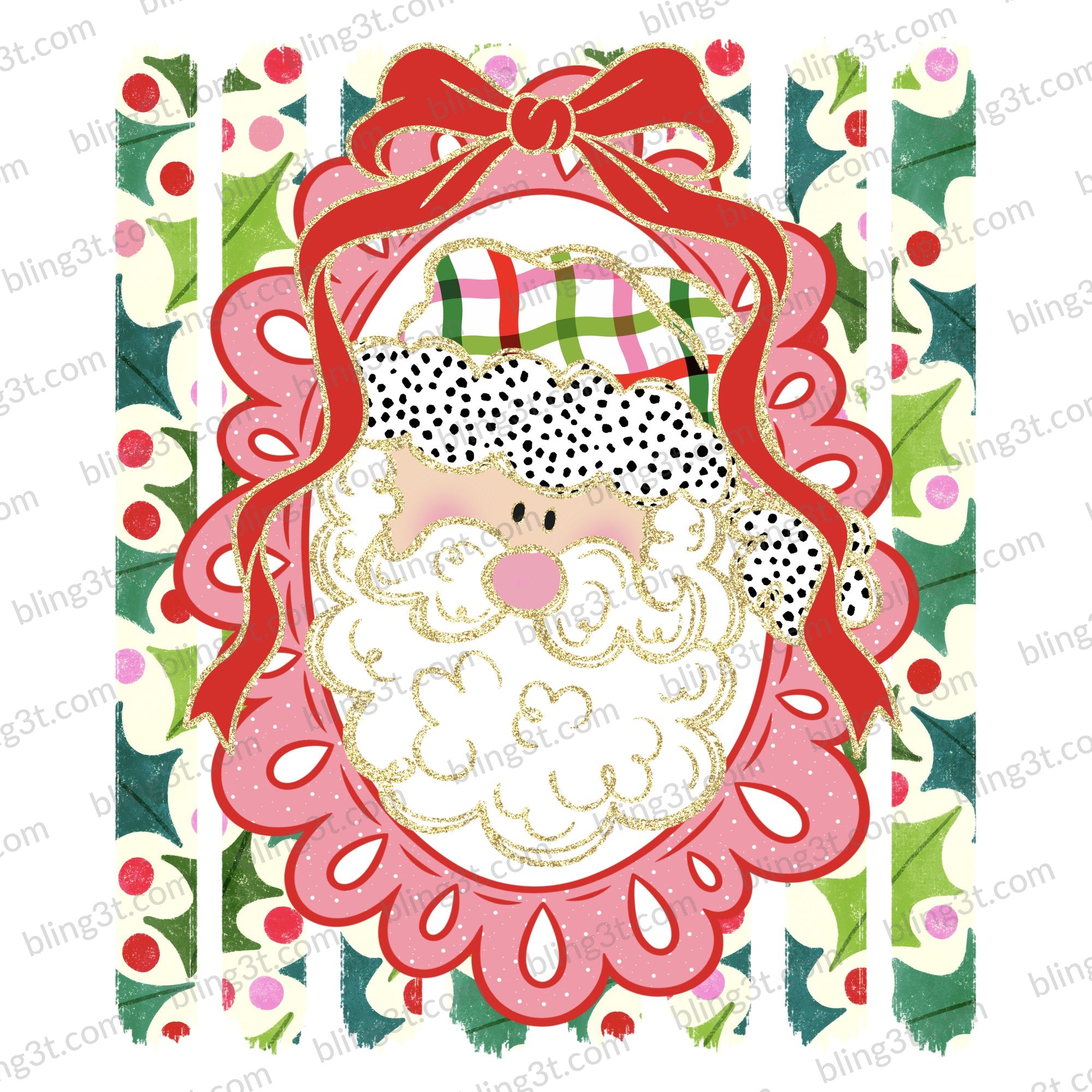Plaid Santa Bow Scalloped Frame Holly Stripes Light