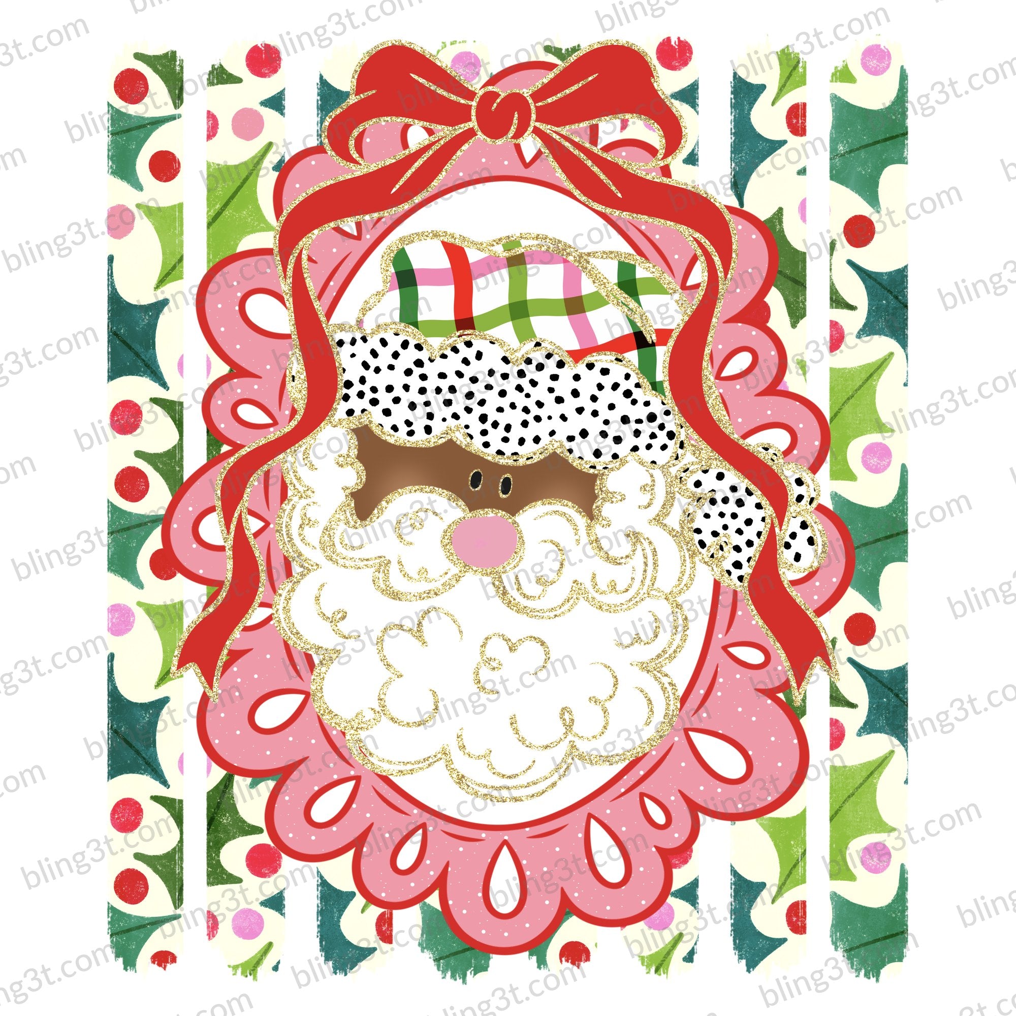 Plaid Santa Bow Scalloped Frame Holly Stripes Brown