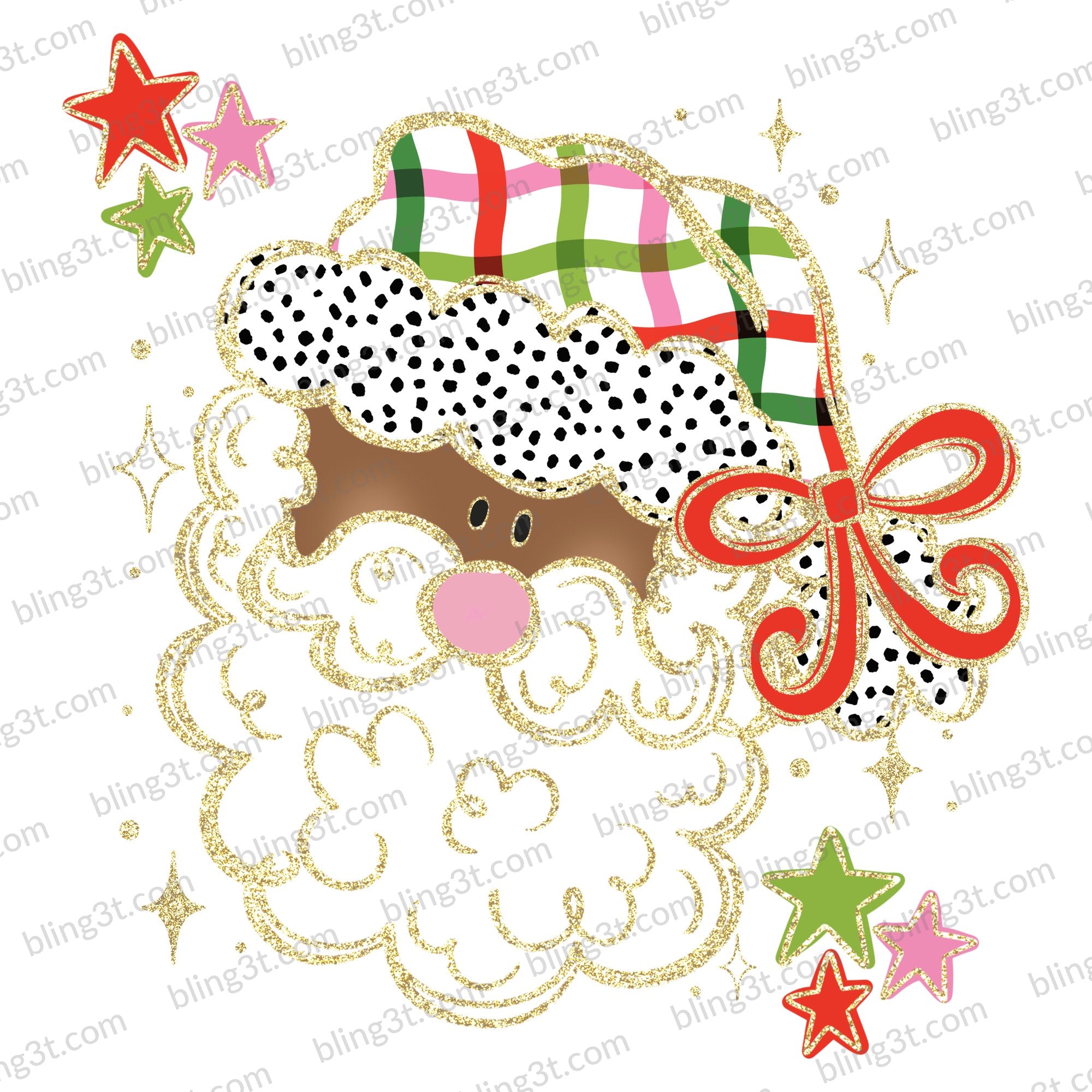 Plaid Santa Red Bow Stars Brown