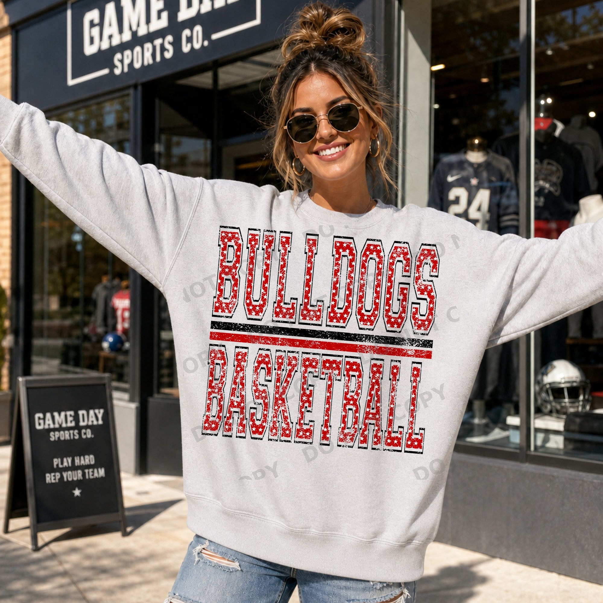 Personalized Stacked Star Cutout Varsity Team Name and Sport - Bulldogs Basketball red with black outline