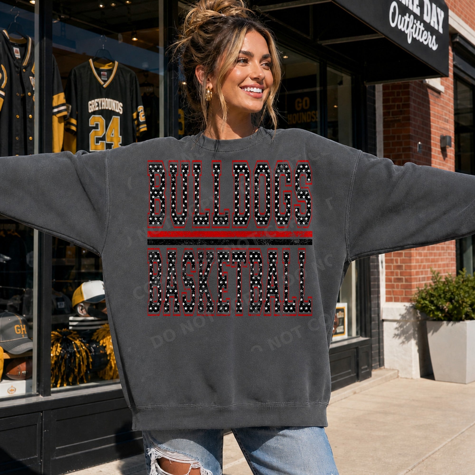 Personalized Stacked Star Cutout Varsity Team Name and Sport - Bulldogs Basketball black with red outline