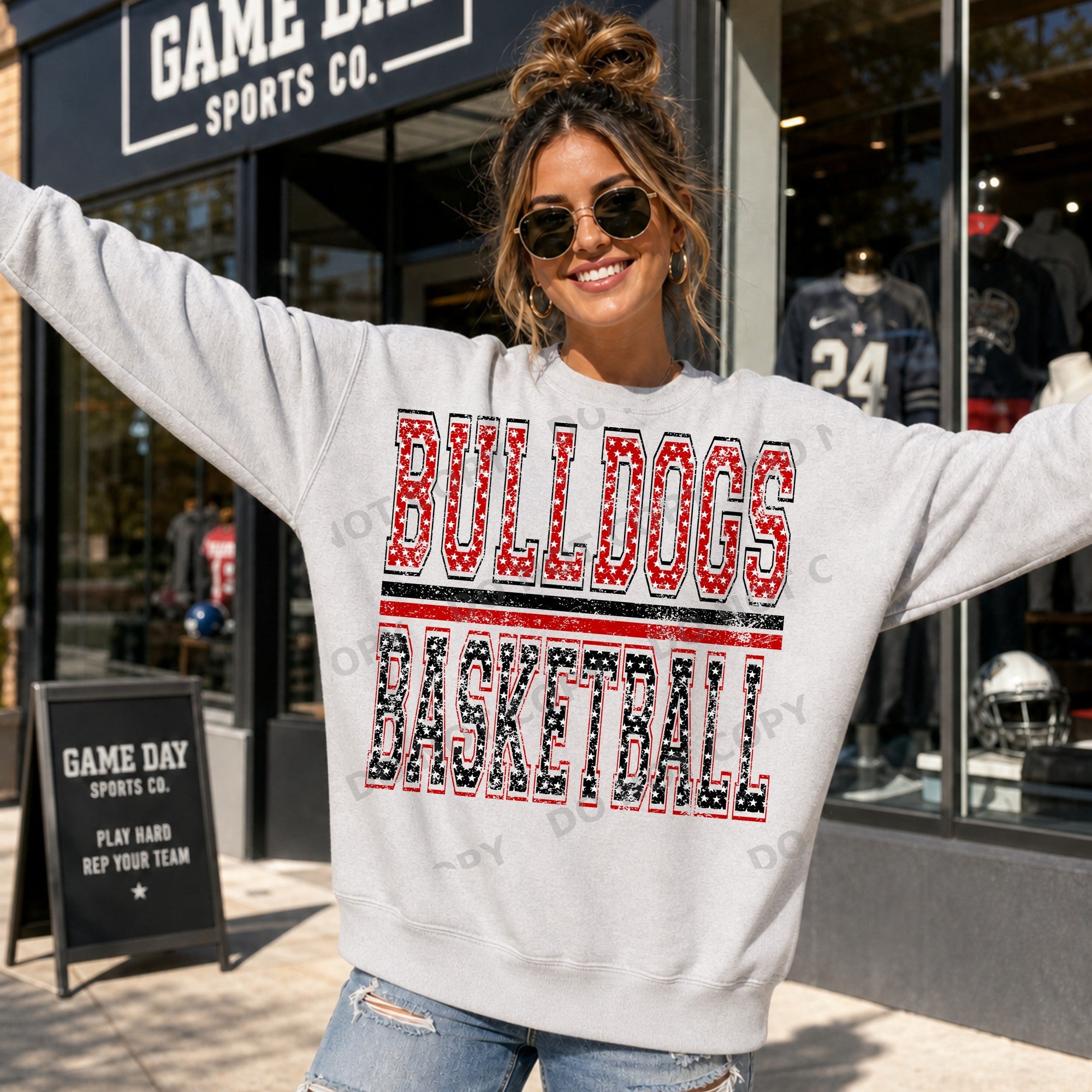 Personalized Stacked Star Cutout Varsity Team Name and Sport - red top word, black bottom word