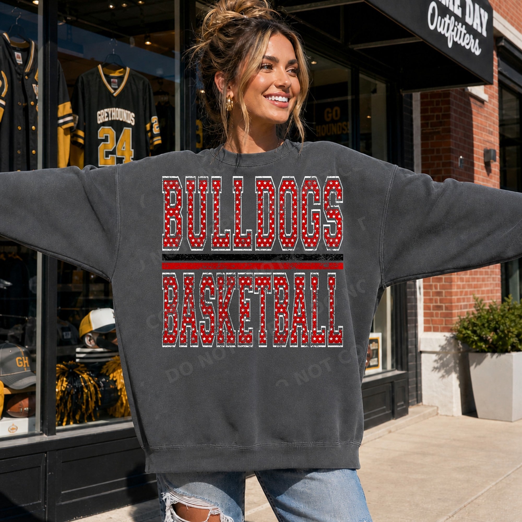 Personalized Stacked Star Cutout Varsity Team Name and Sport - red with white outline