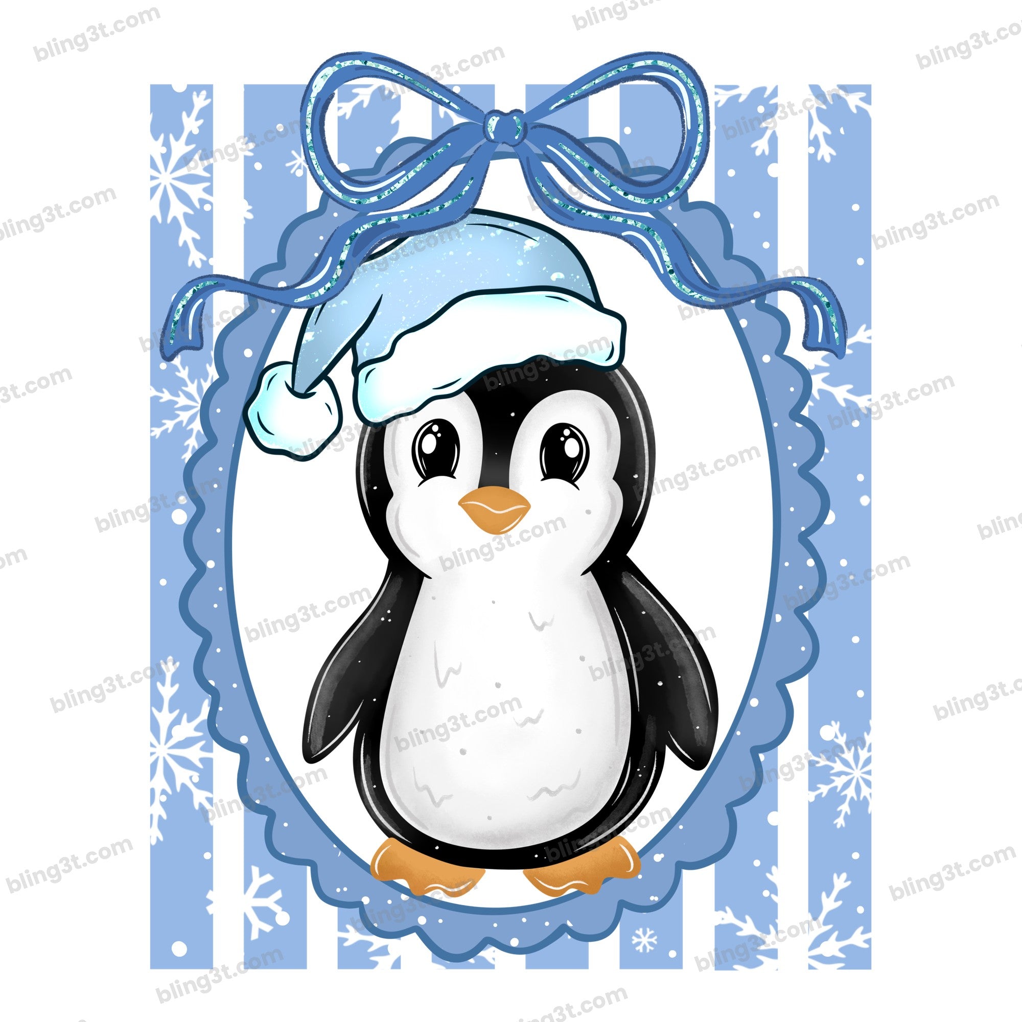 Christmas Penguin Blue Santa Hat Bow Frame
