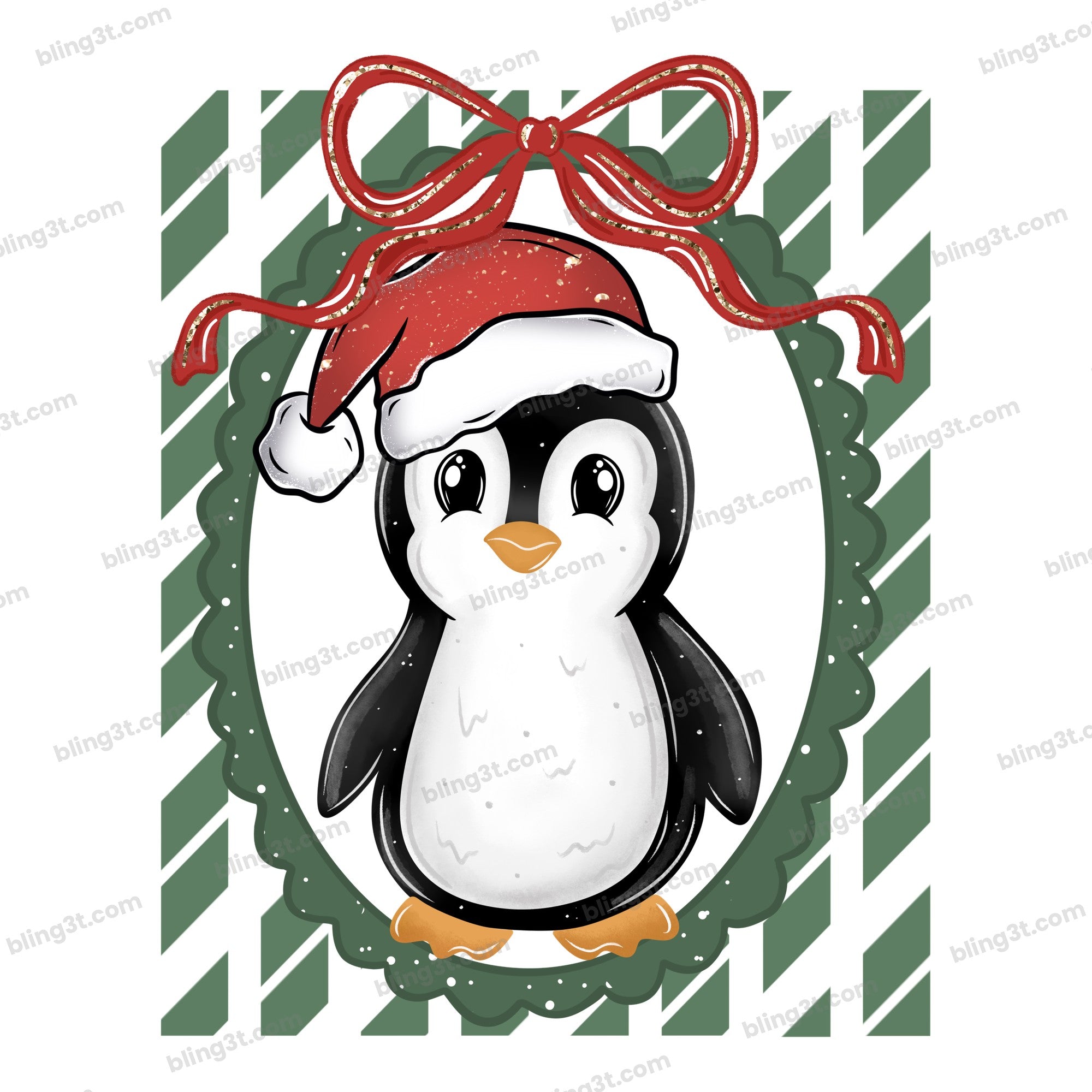 Christmas Penguin Red Santa Hat Bow Green Stripes