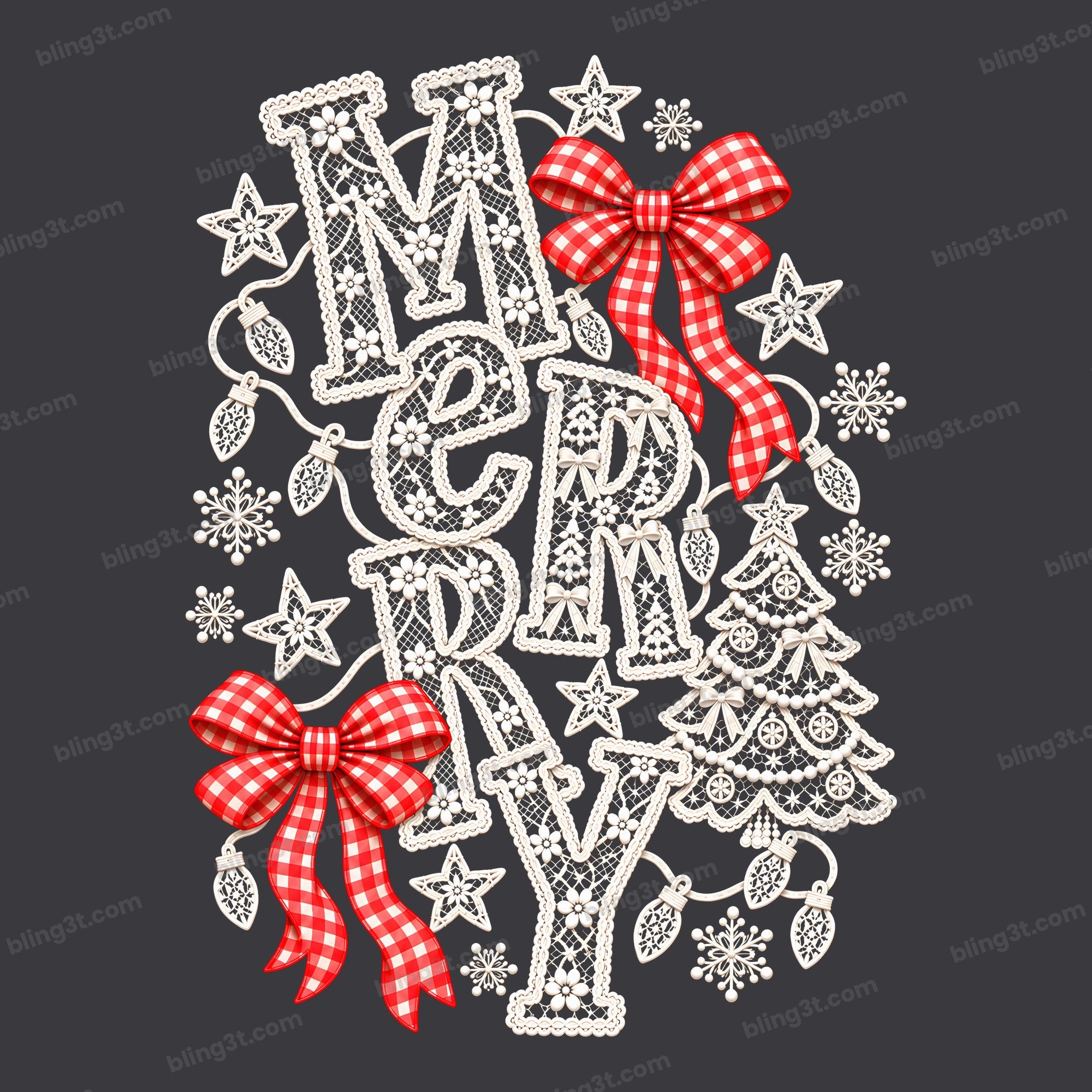 Merry Christmas White Lace Letters with Red Gingham Bows