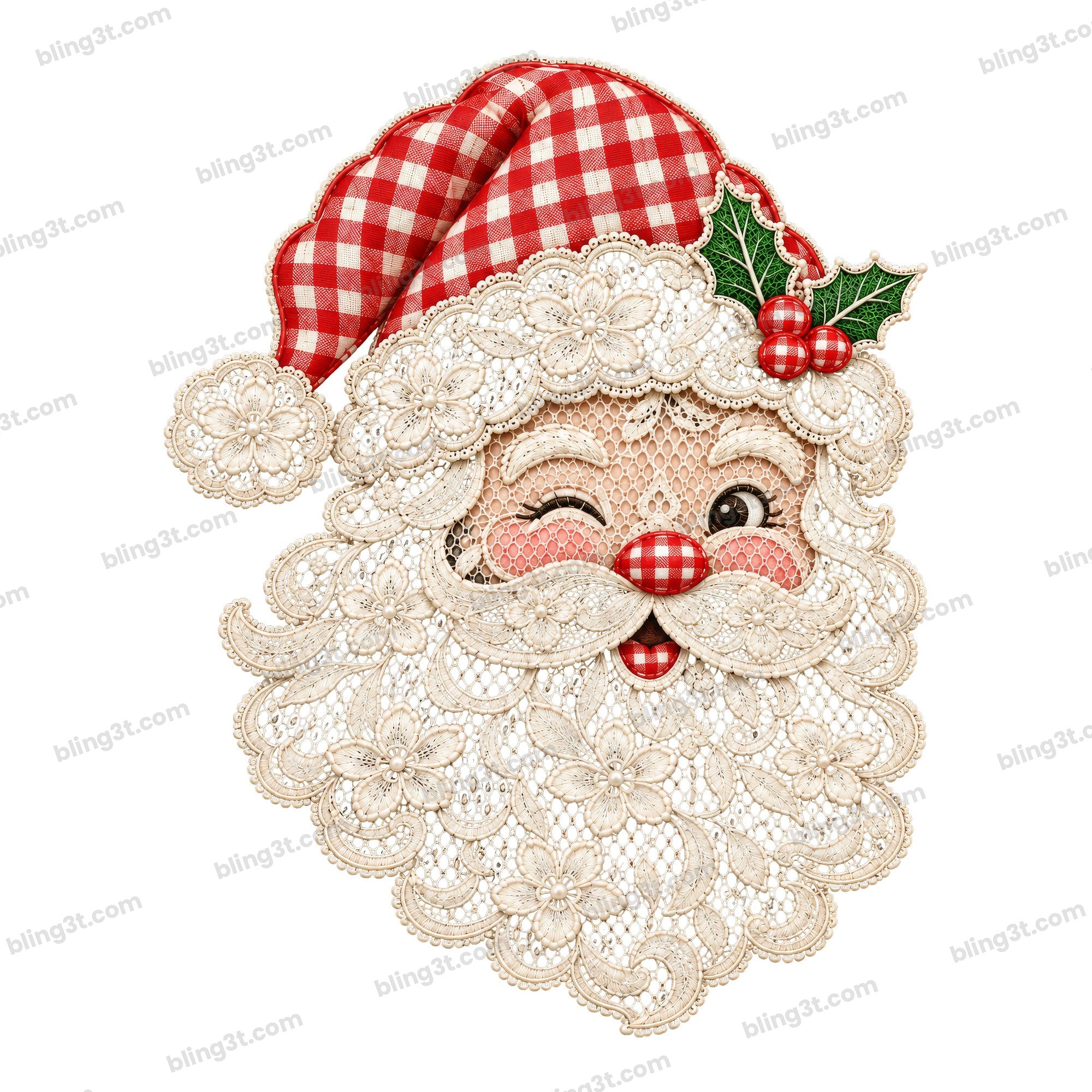 Winking Santa Lace Beard Red Gingham Hat Christmas