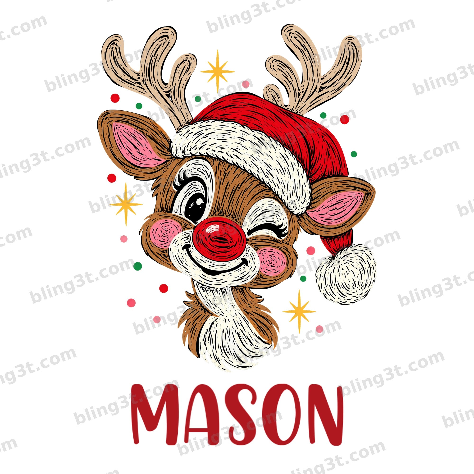 Personalized Winking Reindeer Santa Hat Christmas Name - MASON