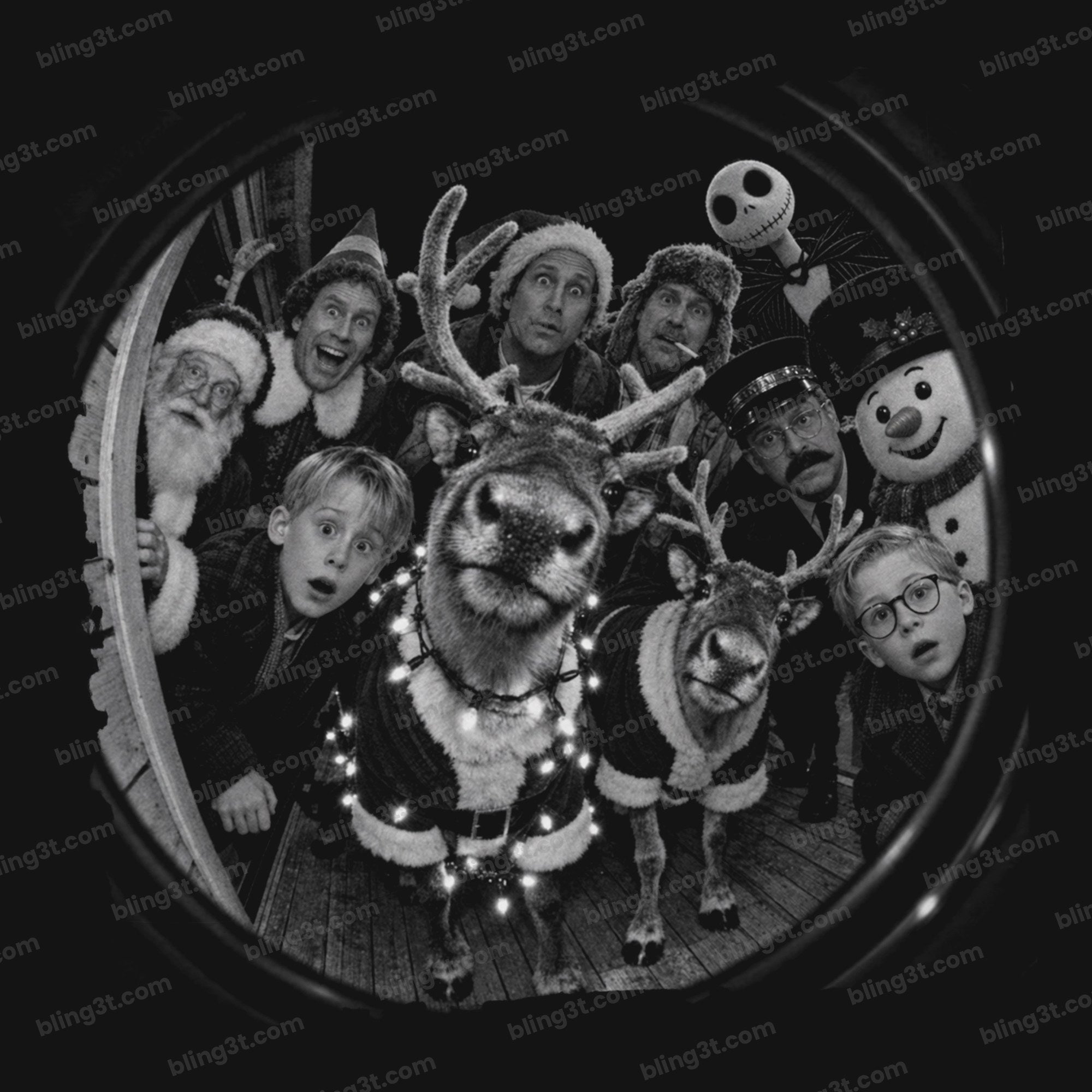 Christmas Movie Characters Fisheye Selfie Black and White