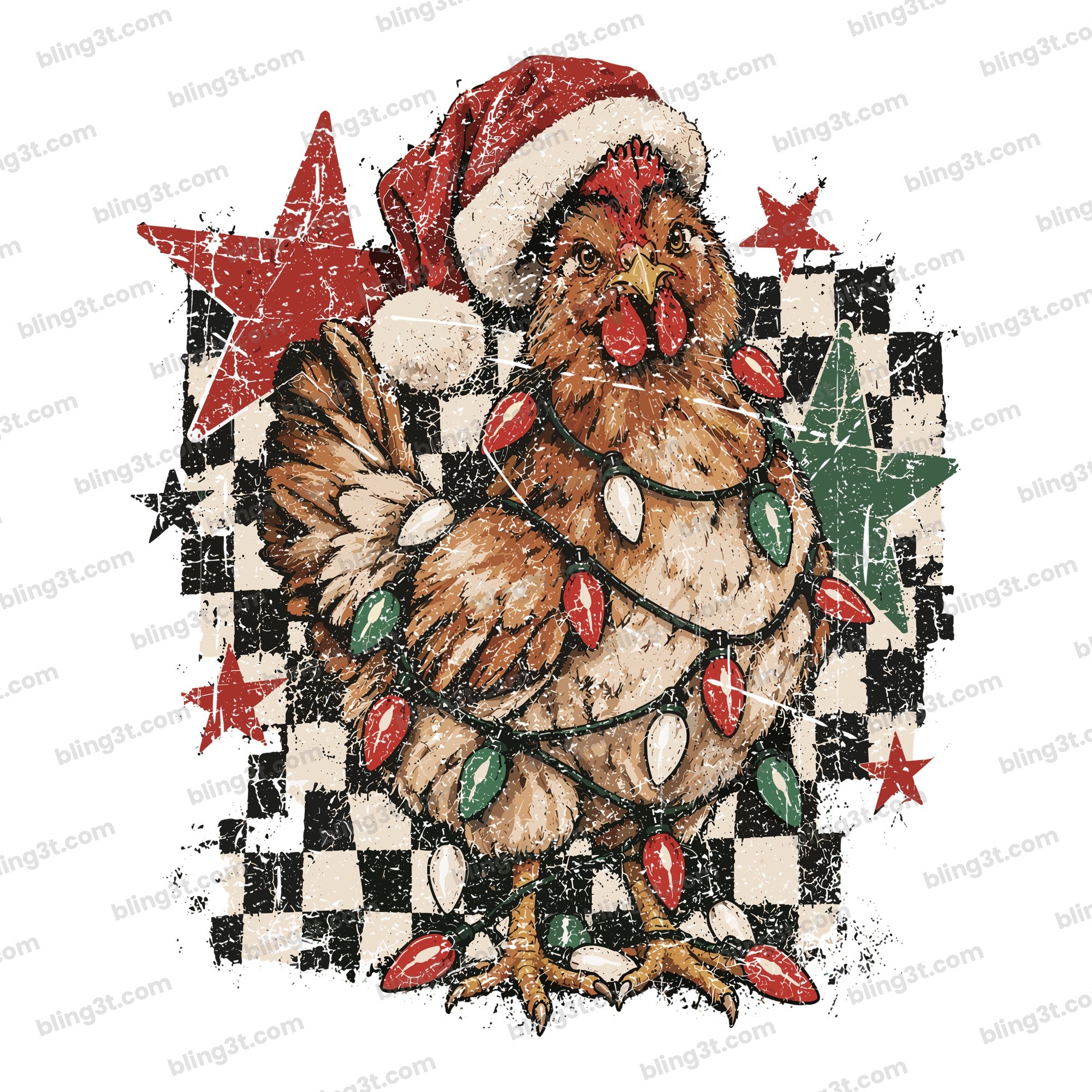 Retro Rooster Christmas Santa Hat Lights Checkered Stars