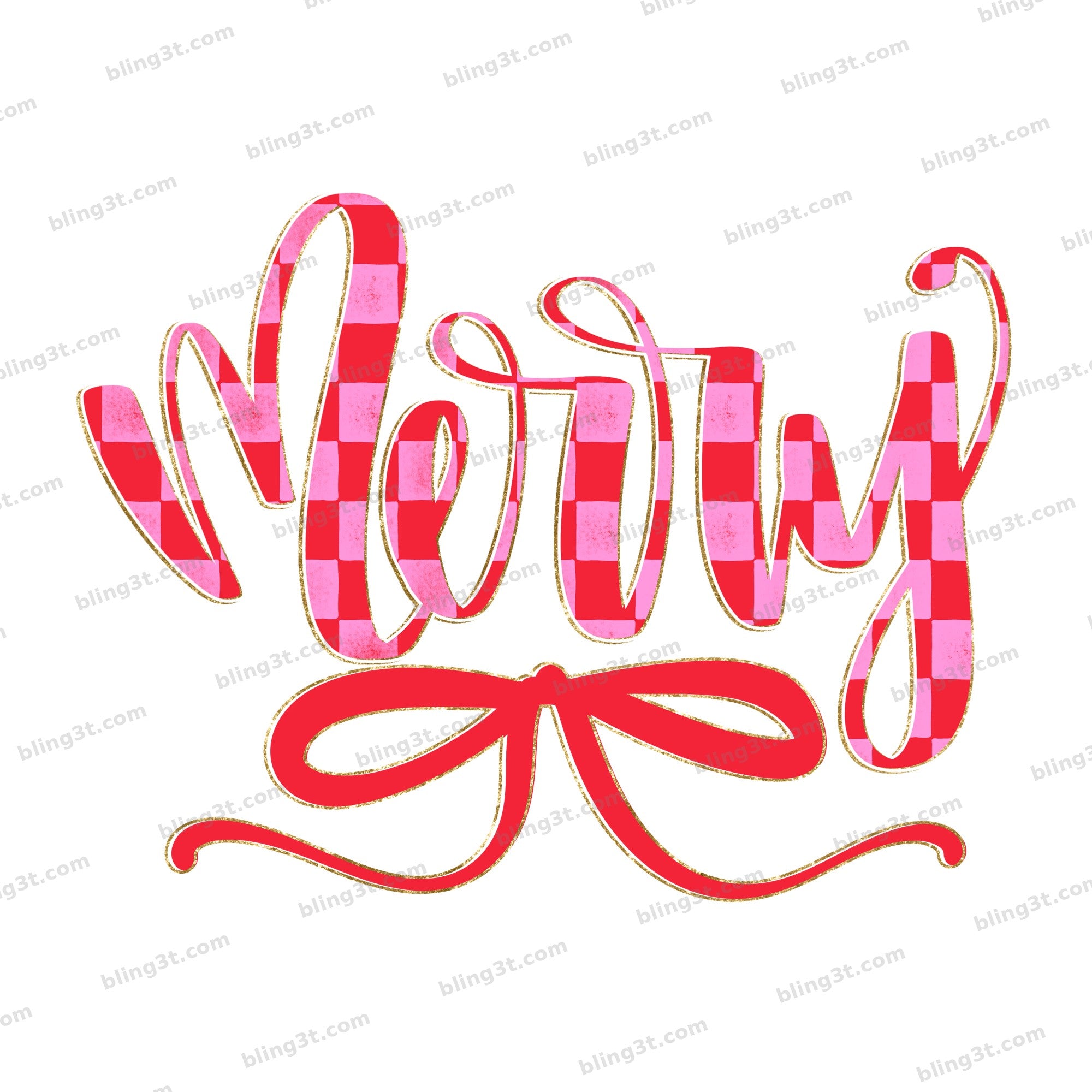Merry Pink Checkered Script with Red Bow