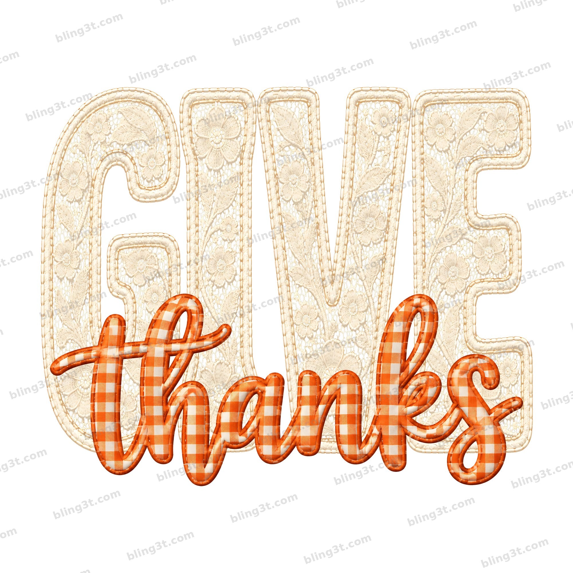 Give Thanks Lace Letters Orange Gingham Script