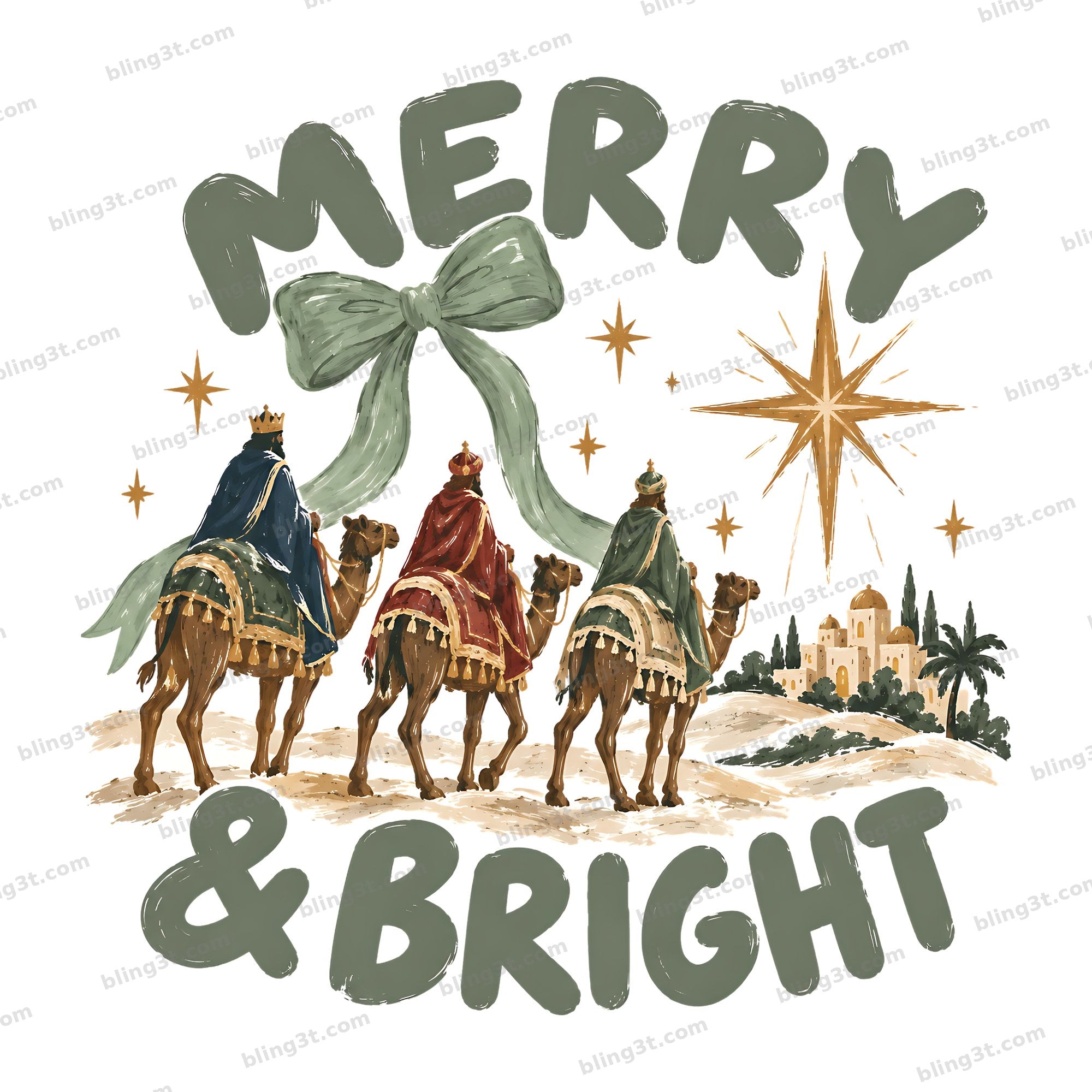 Merry and Bright Three Wise Men Camels Bow