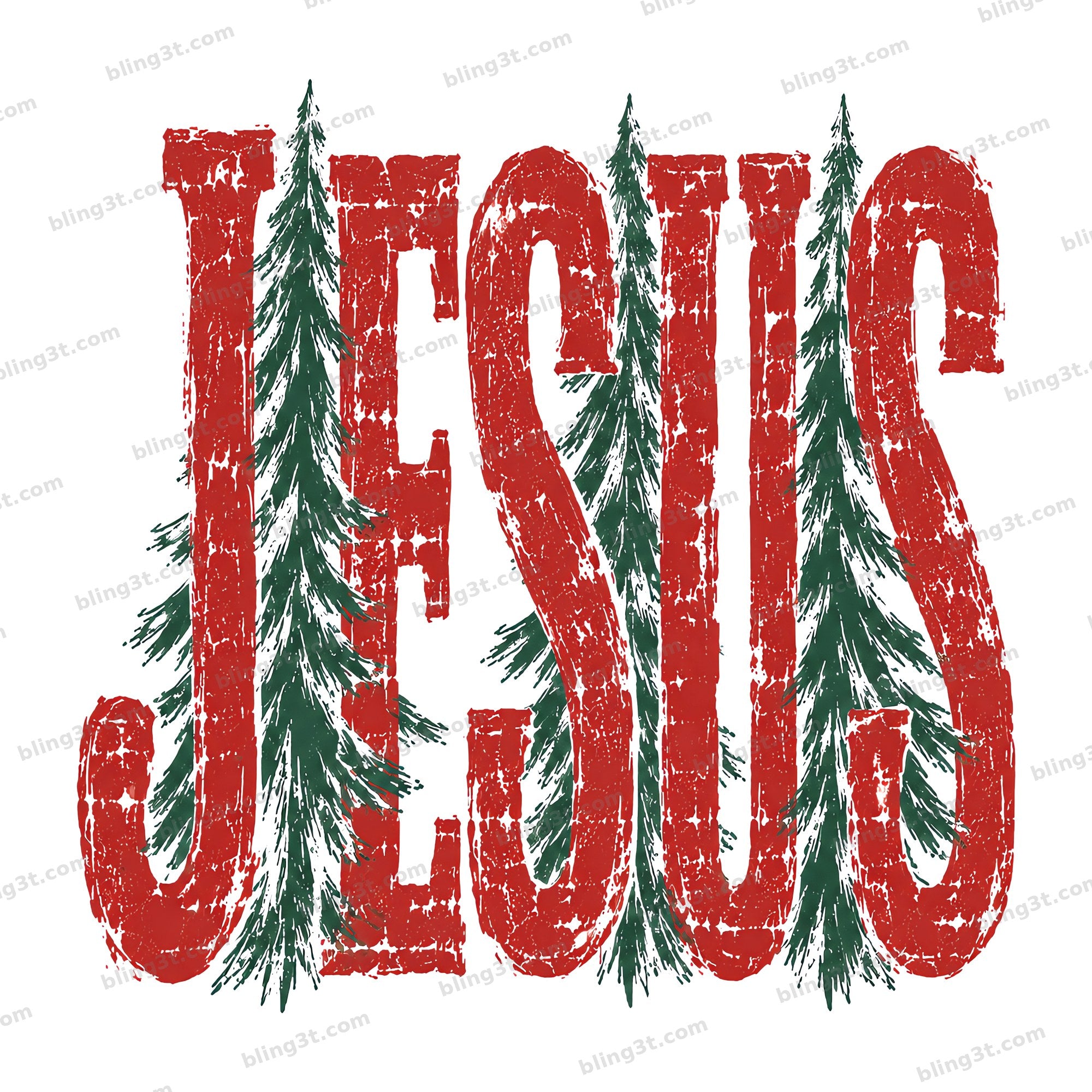 Jesus Distressed Red Letters Pine Trees
