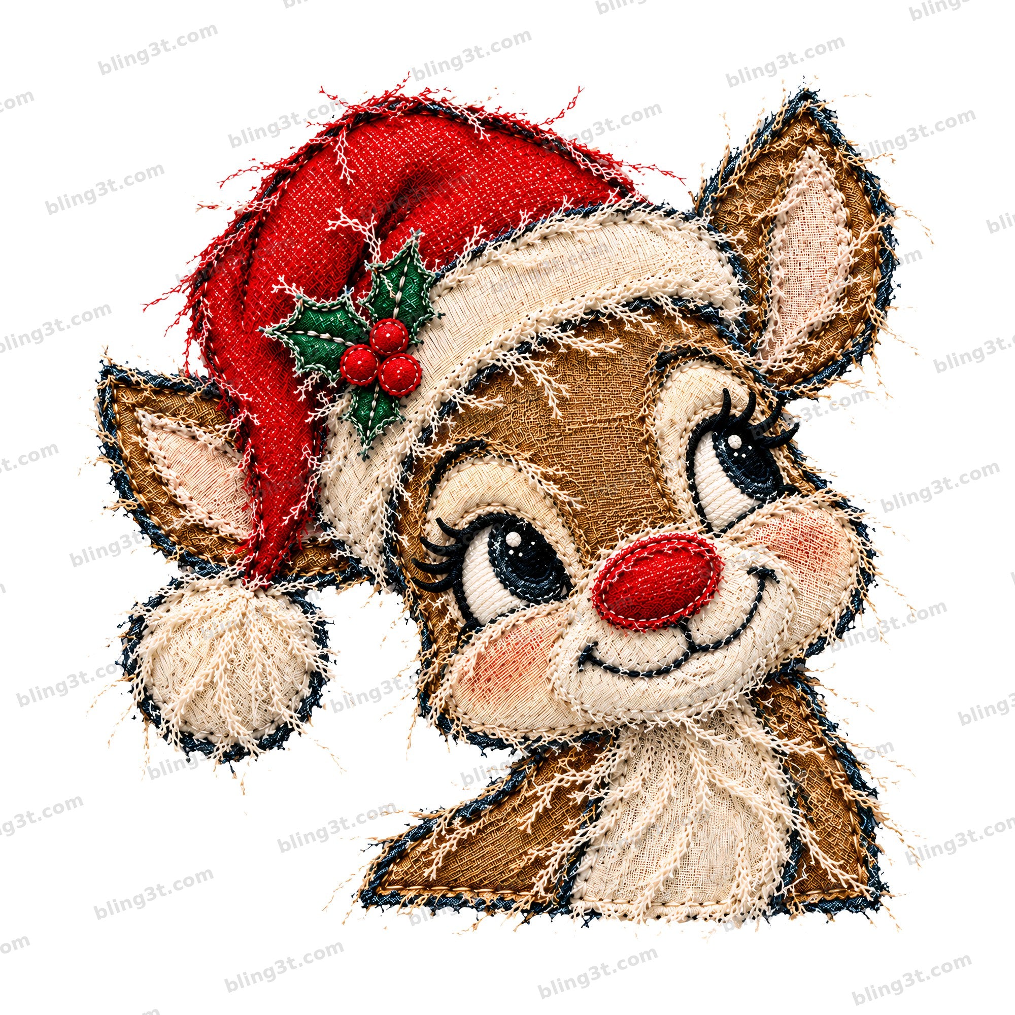 Cute Reindeer Santa Hat Red Nose Faux Stitch