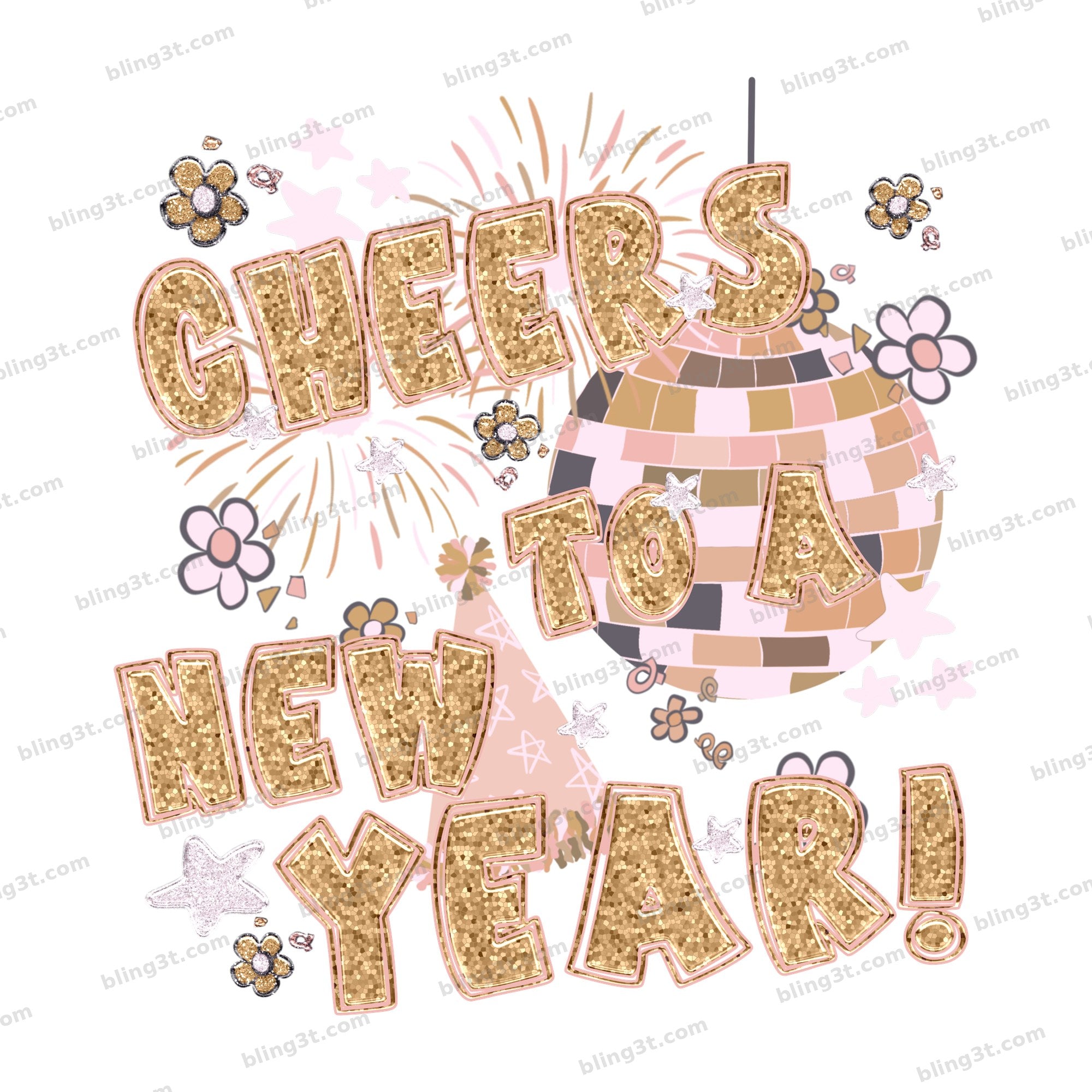 Cheers to a New Year Gold Glitter Disco Ball DTF transfer
