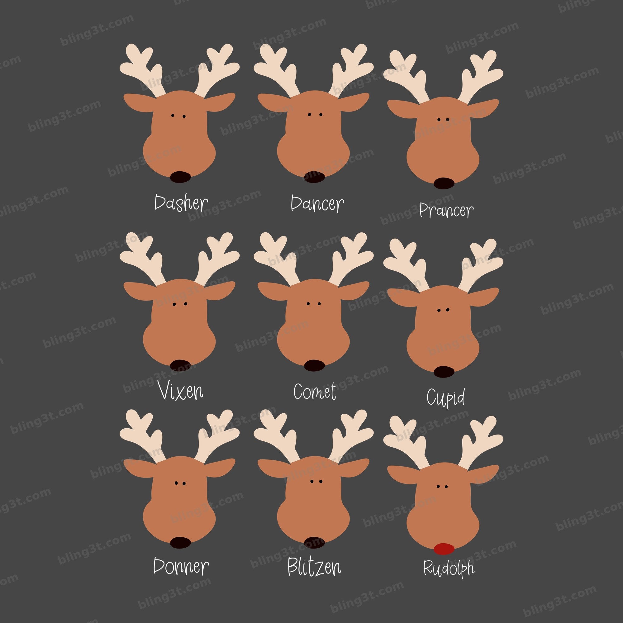 Santas Reindeer Names Faces White Text DTF transfer