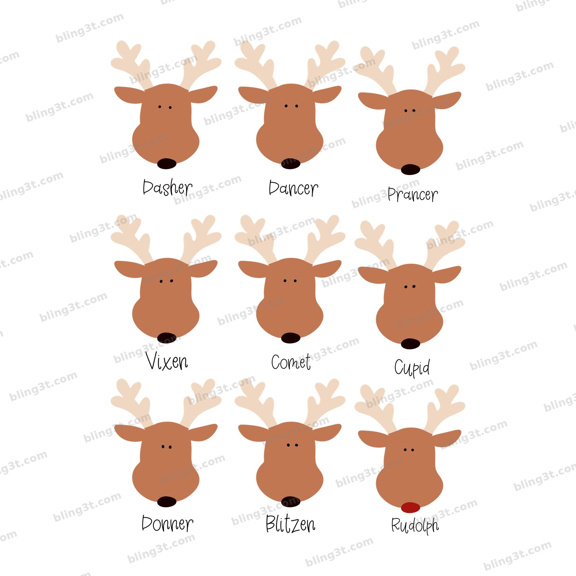 Santas Reindeer Names Faces Black Text DTF transfer