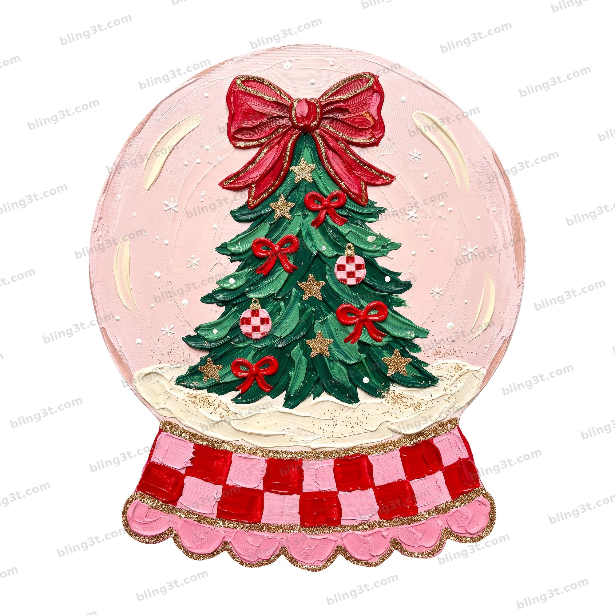 Pink Snow Globe Christmas Tree Red Bow Checkered DTF transfer