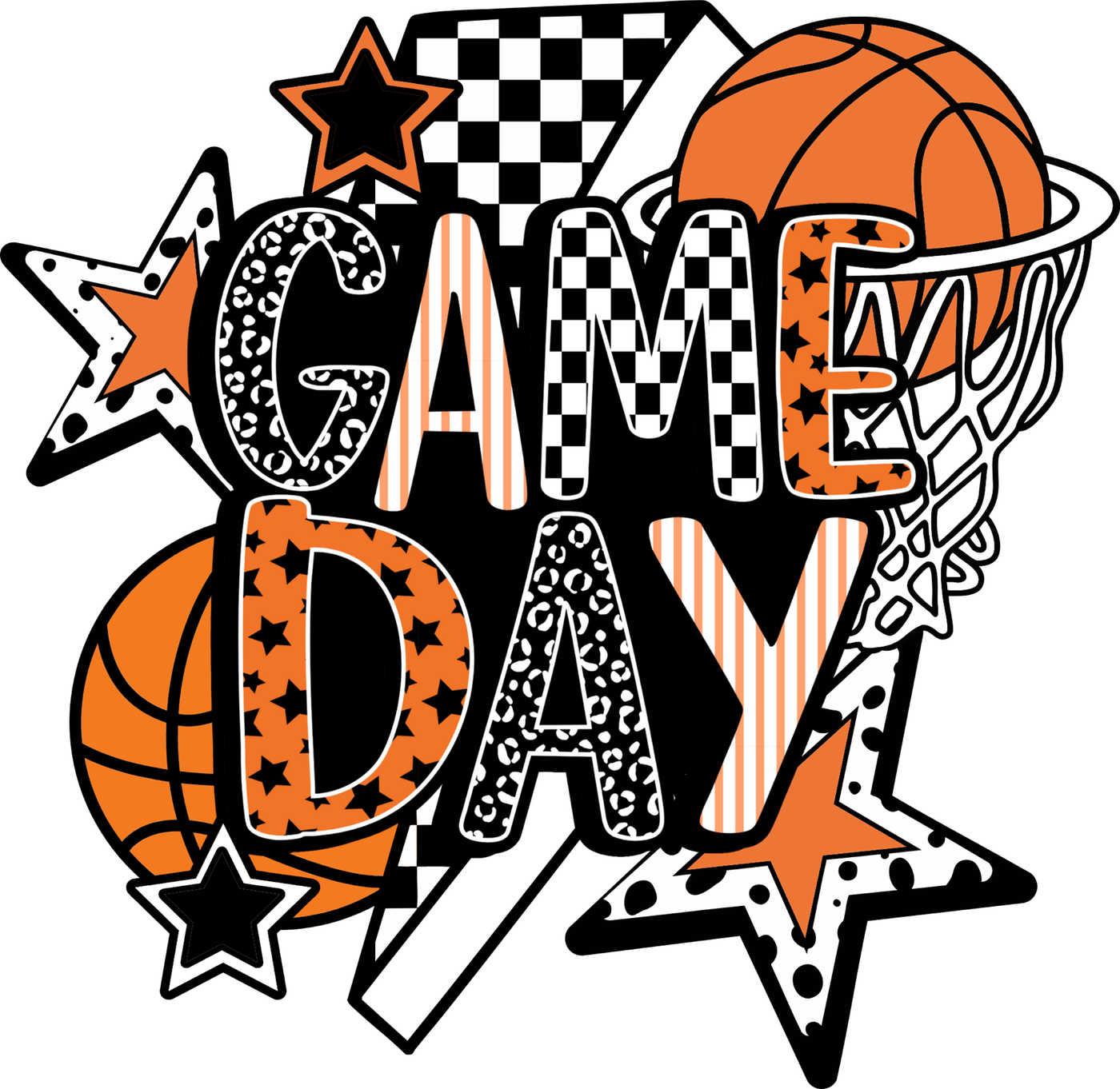 Game Day Basketball Stacked Stars Checkered DTF transfer