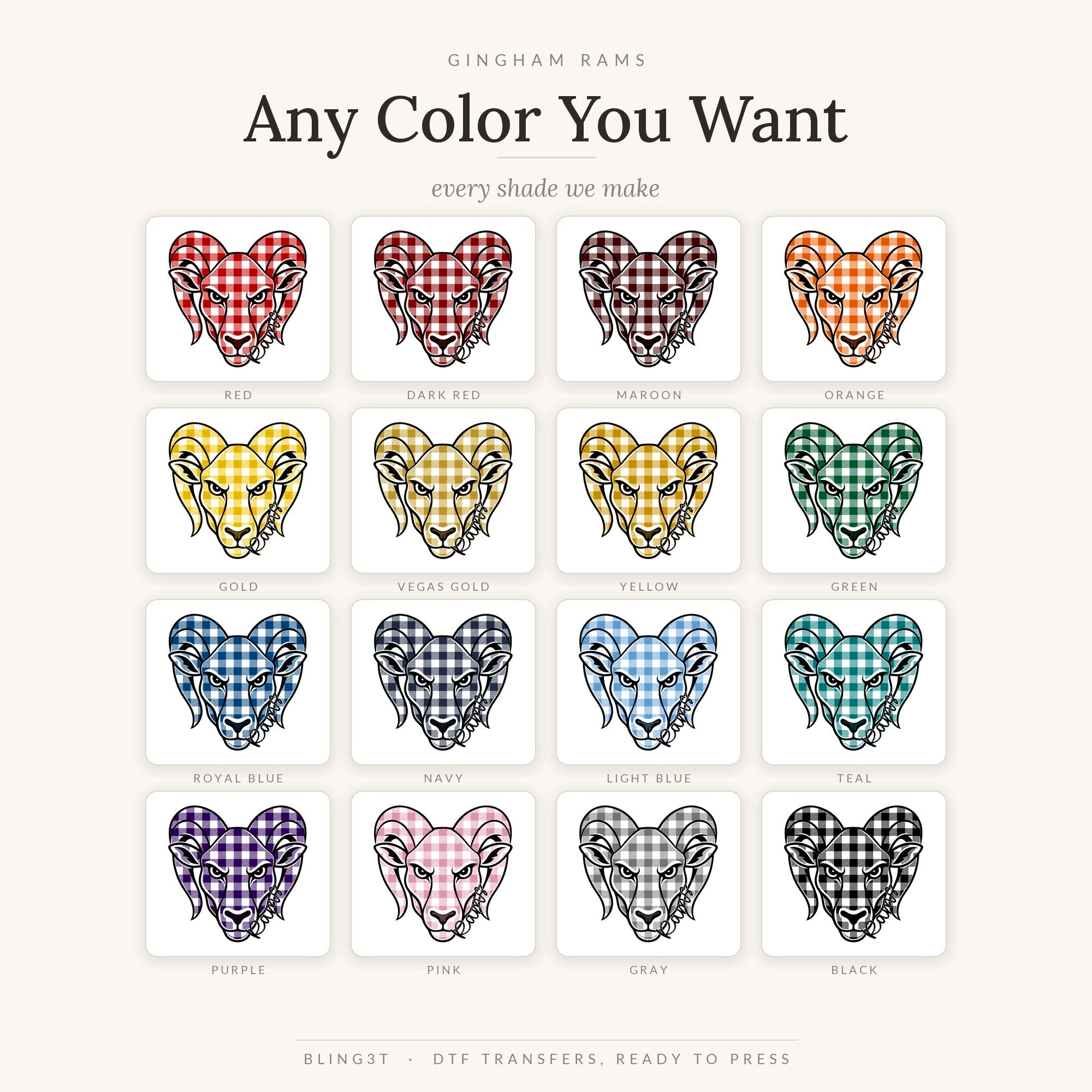Gingham Rams shown in all 16 available colors