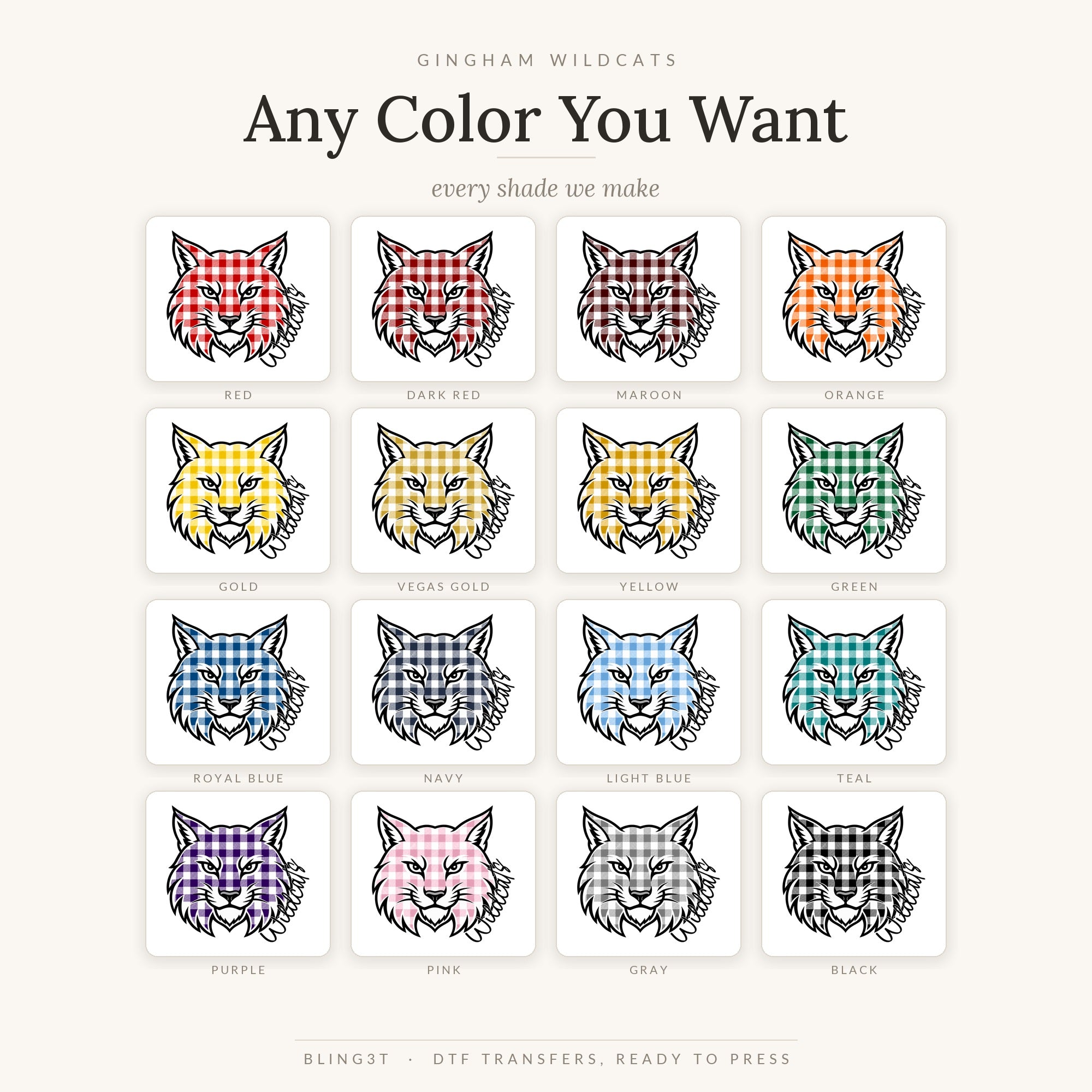 Gingham Wildcats shown in all 16 available colors