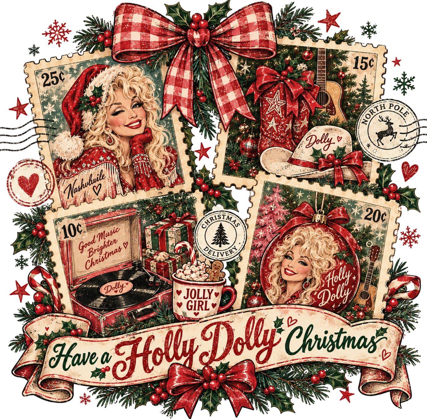 Have a Holly Dolly Christmas Postage Collage DTF transfer