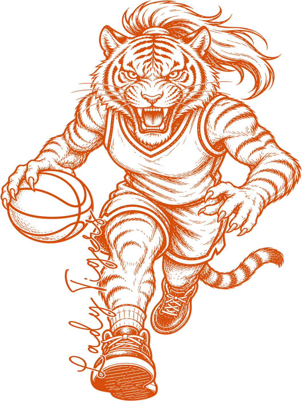 Lady Tigers Basketball Sketch Orange DTF transfer