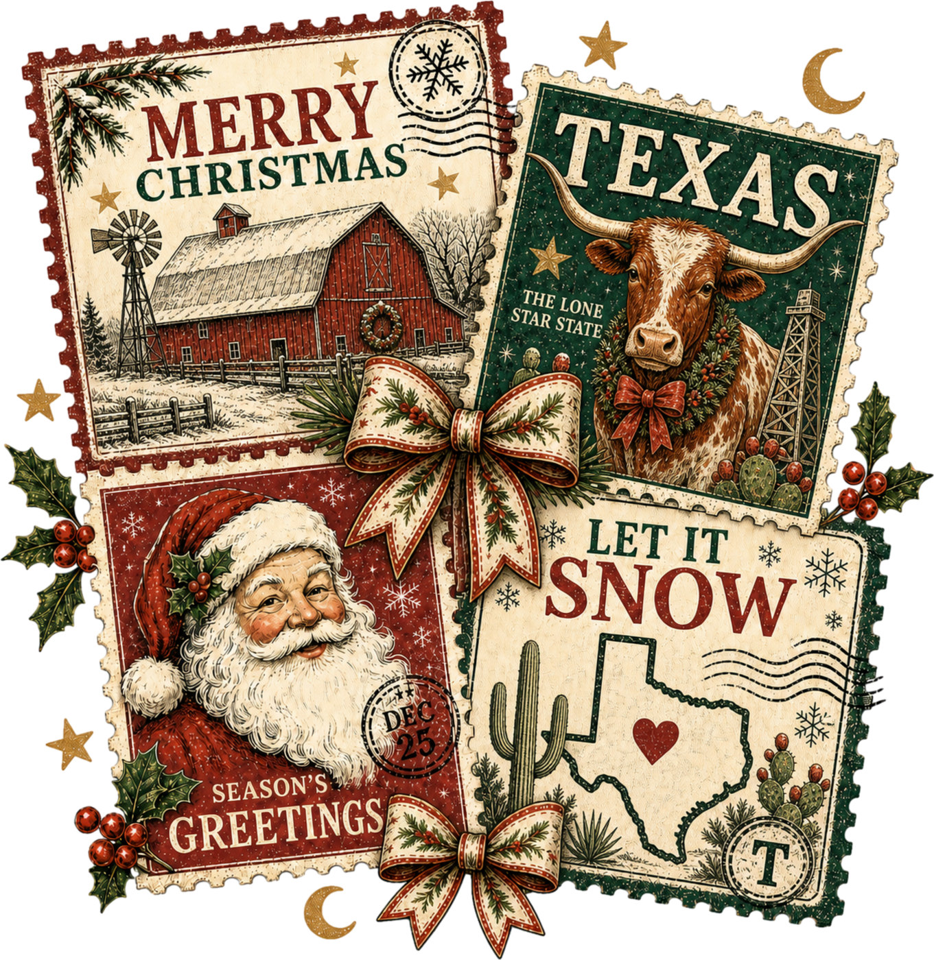 Merry Christmas Texas Postage Collage DTF transfer