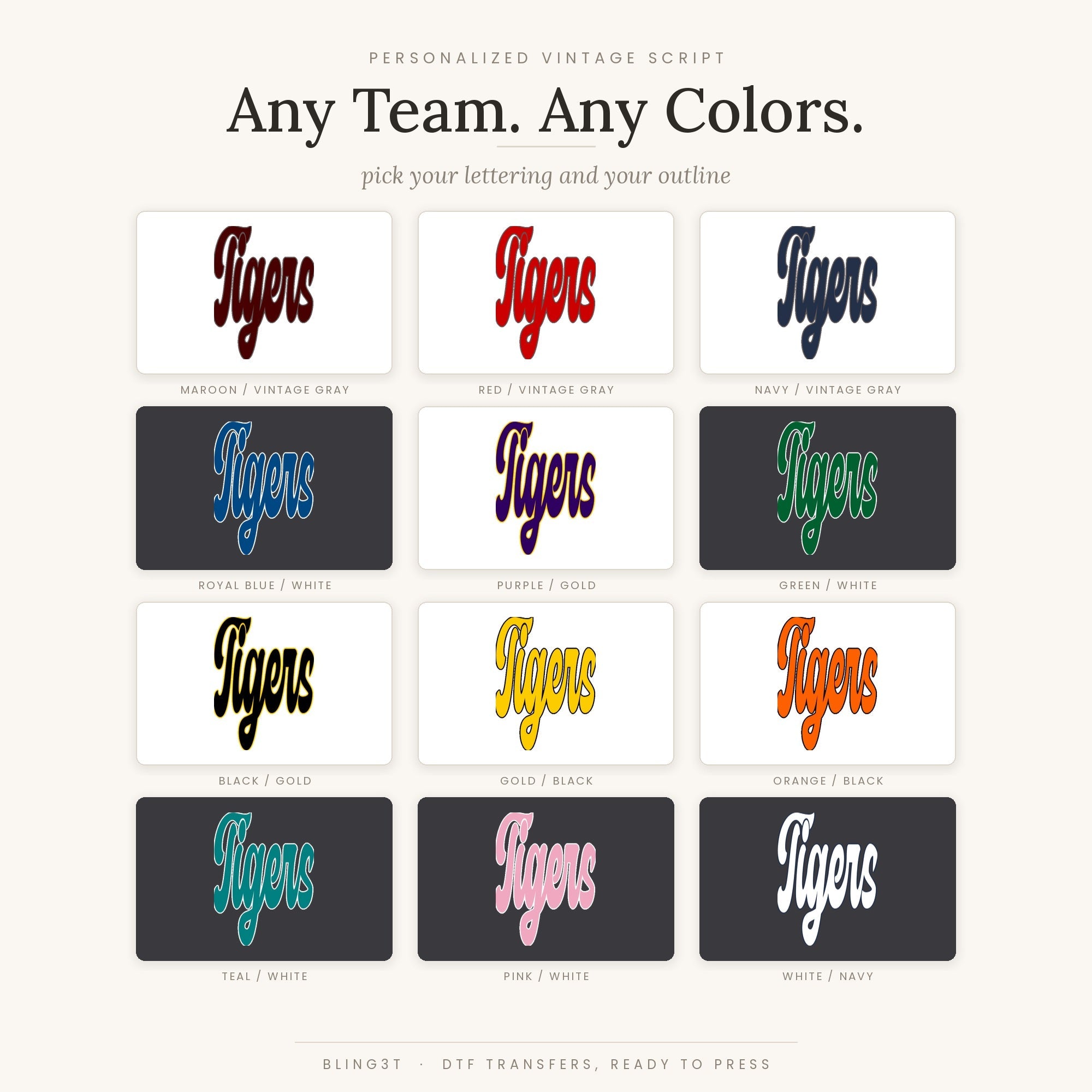 Twelve lettering and outline color combinations for the vintage script team name