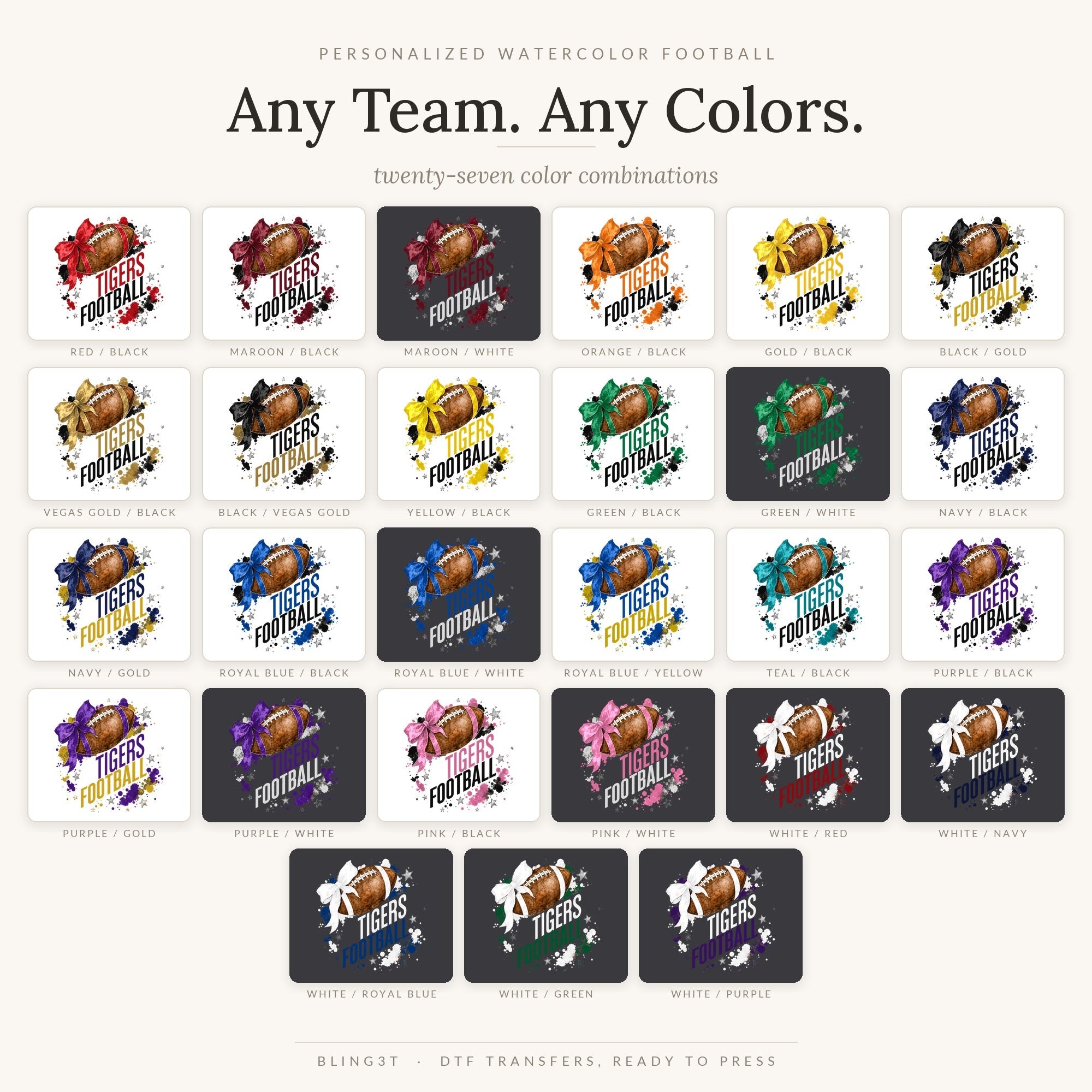 All 27 color combinations available for the personalized watercolor football