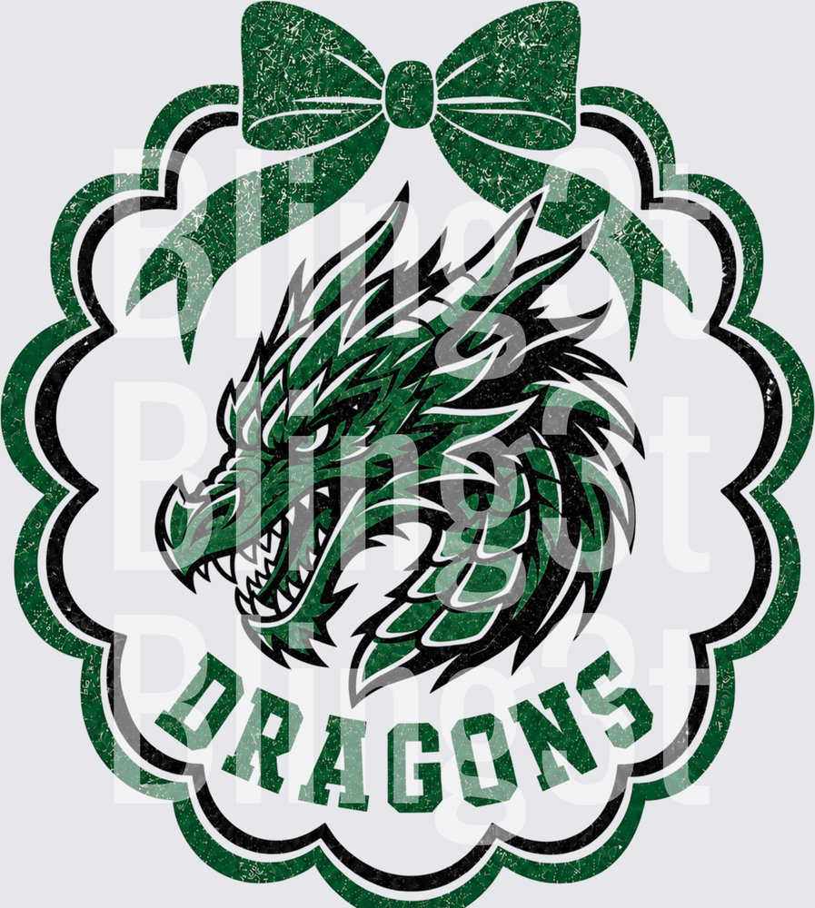 Green Dragons Mascot Head Scalloped Christmas Bow Badge