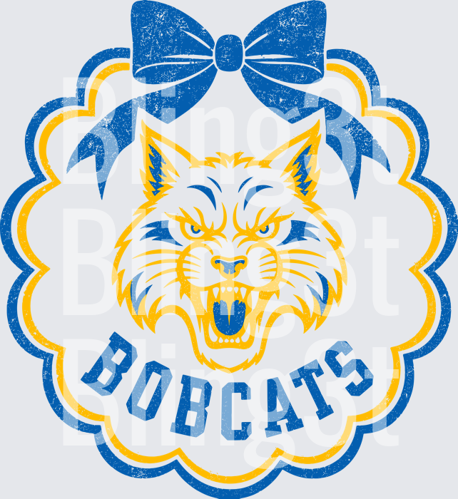 Bobcats Mascot Growling Wildcat Blue Gold Bow Scalloped Badge