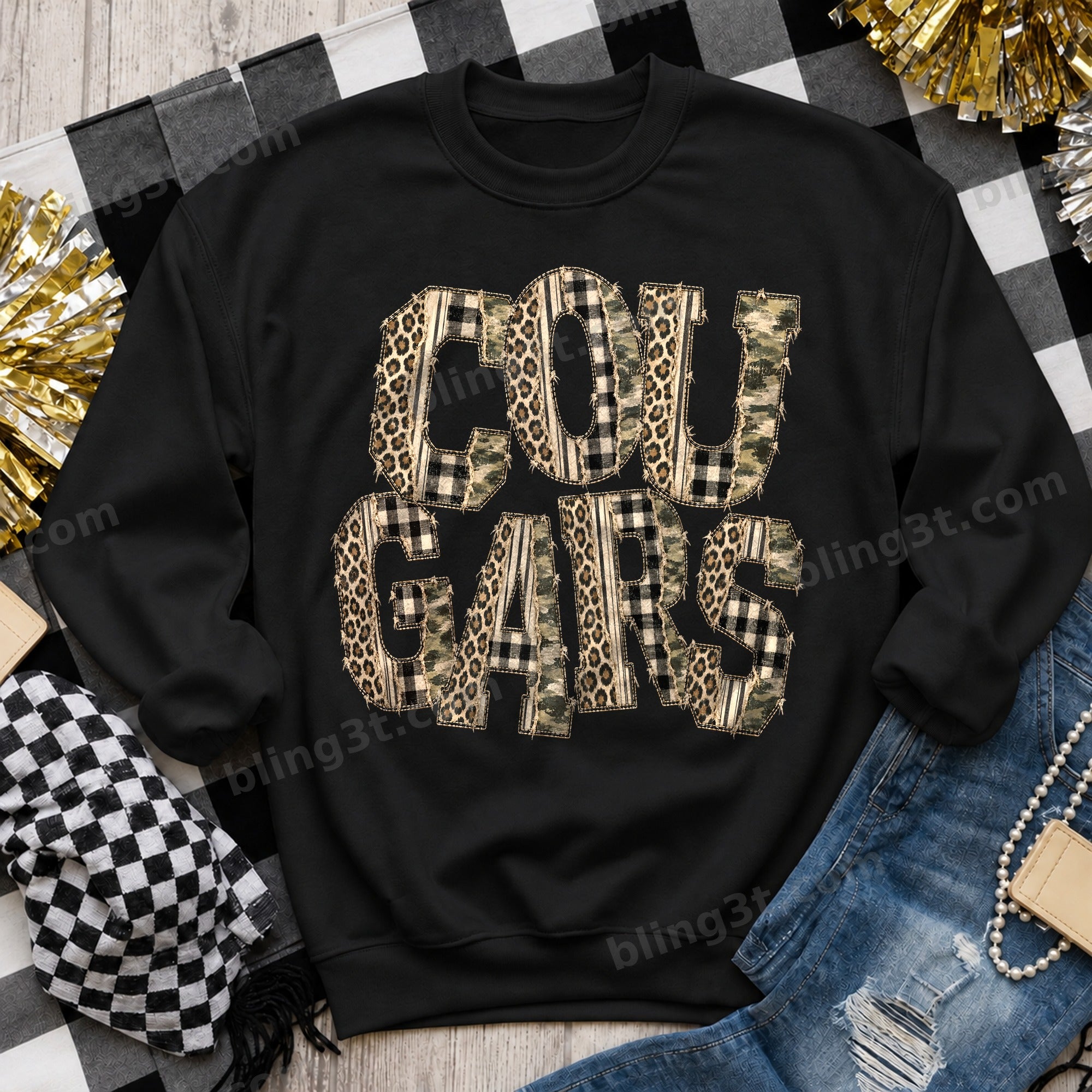 Wild and Worn patchwork COUGARS team name on a black sweatshirt